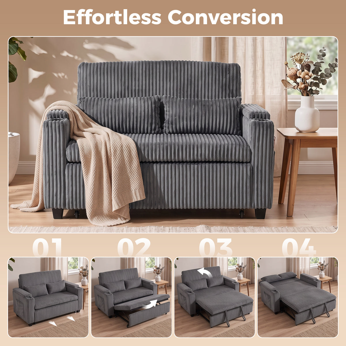 HOMCOM 2 Seater Sofa Bed, Pull Out Sleeper Sofa w/ Adjustable Backrest, Storage Armrests, Cup Holders, Side Pockets, Dark Grey