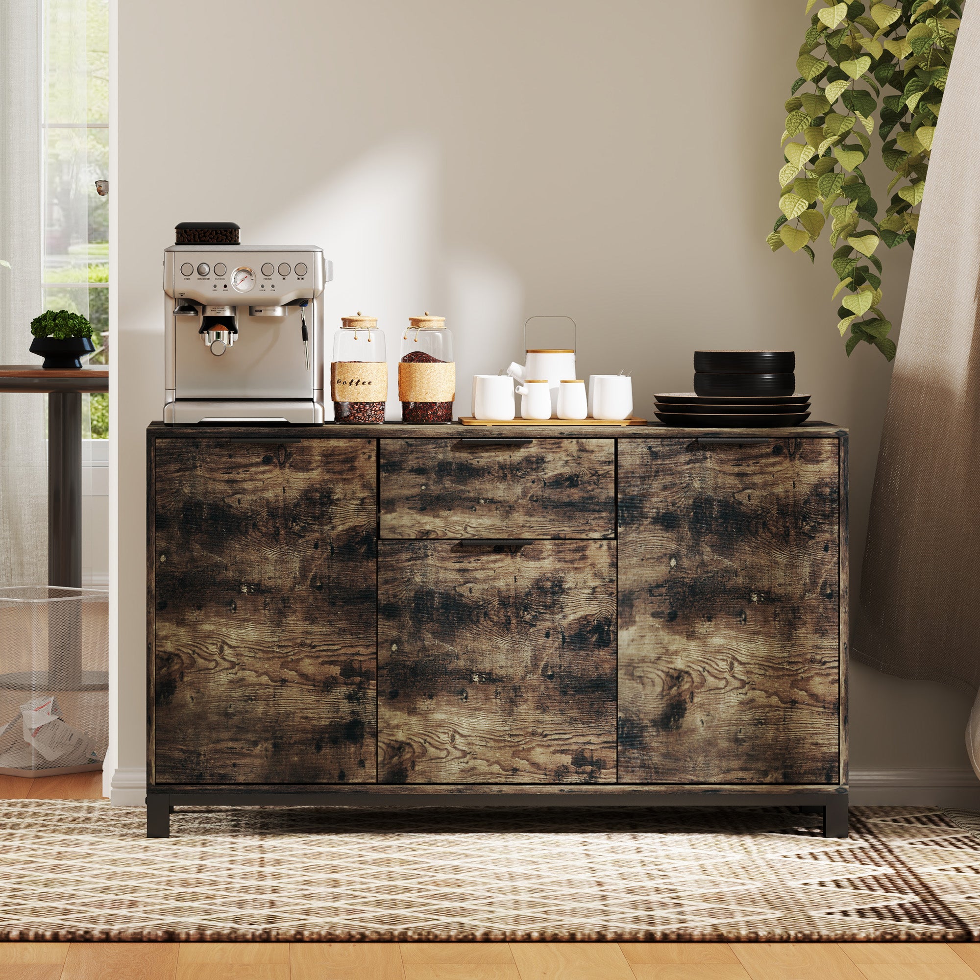 HOMCOM Sideboard, Industrial Storage Cabinet with Doors, Drawer, Cupboard and Adjustable Shelves for Living Room, Dining Room, Hallway, Rustic Brown - North Peak Garden Furniture