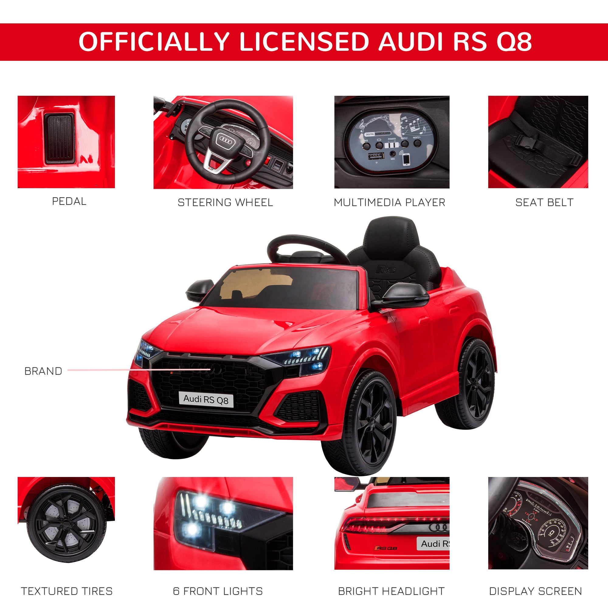 HOMCOM Audi RS Q8 Licensed 6V Kids Electric Ride On Car Toy Car with Remote Control Music Lights USB MP3 for 3-5 Years Old Red - North Peak Garden Furniture