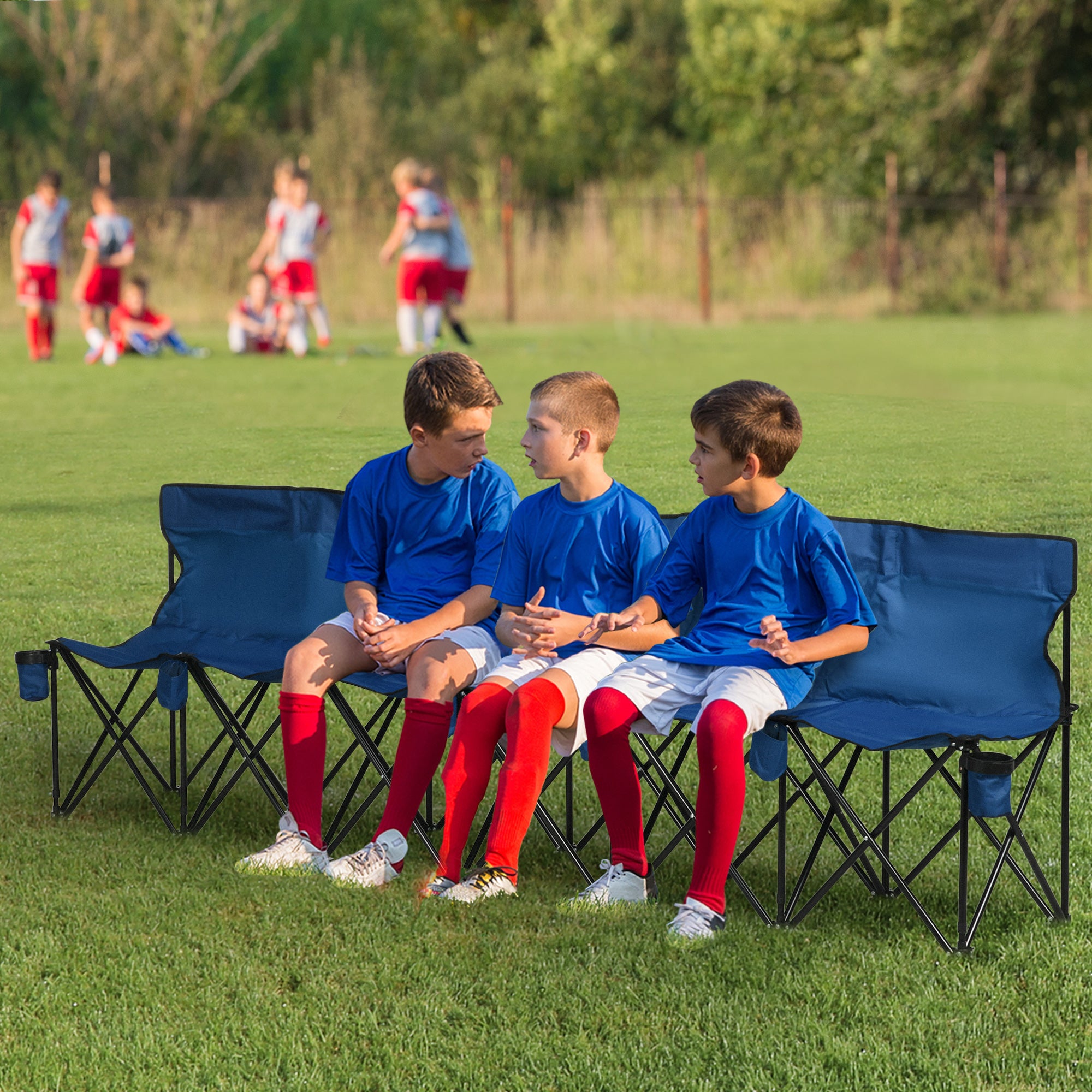 Outsunny 6 Seater Folding Sports Bench Outdoor Picnic Camping Portable Spectator Chair Steel Frame w/ Cup Holder & Carry Bag - Blue