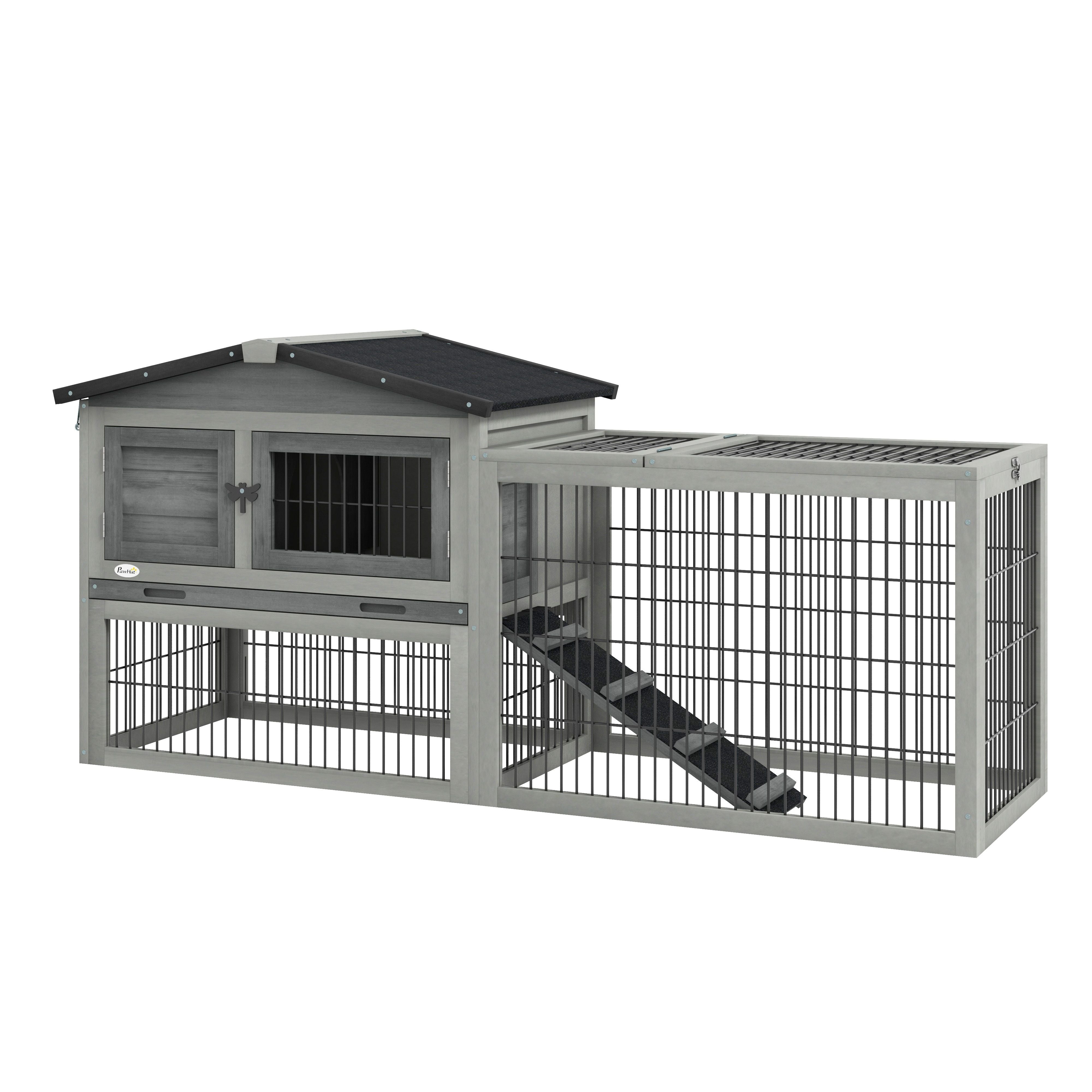 PawHut Wooden Rabbit Hutch with Outdoor Run Grey - North Peak Garden Furniture
