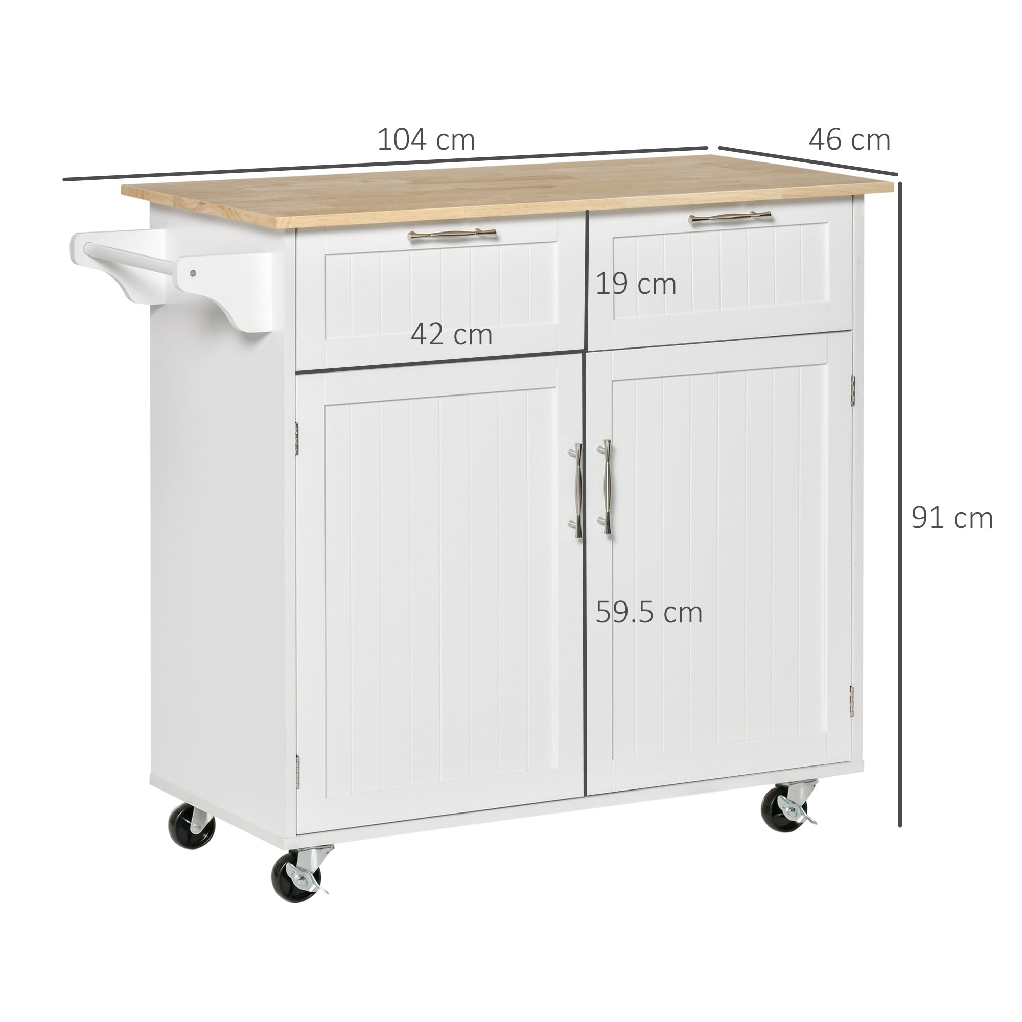 HOMCOM Modern Rolling Kitchen Island Storage Cart Utility Trolley with Rubberwood Top Two Drawers-White