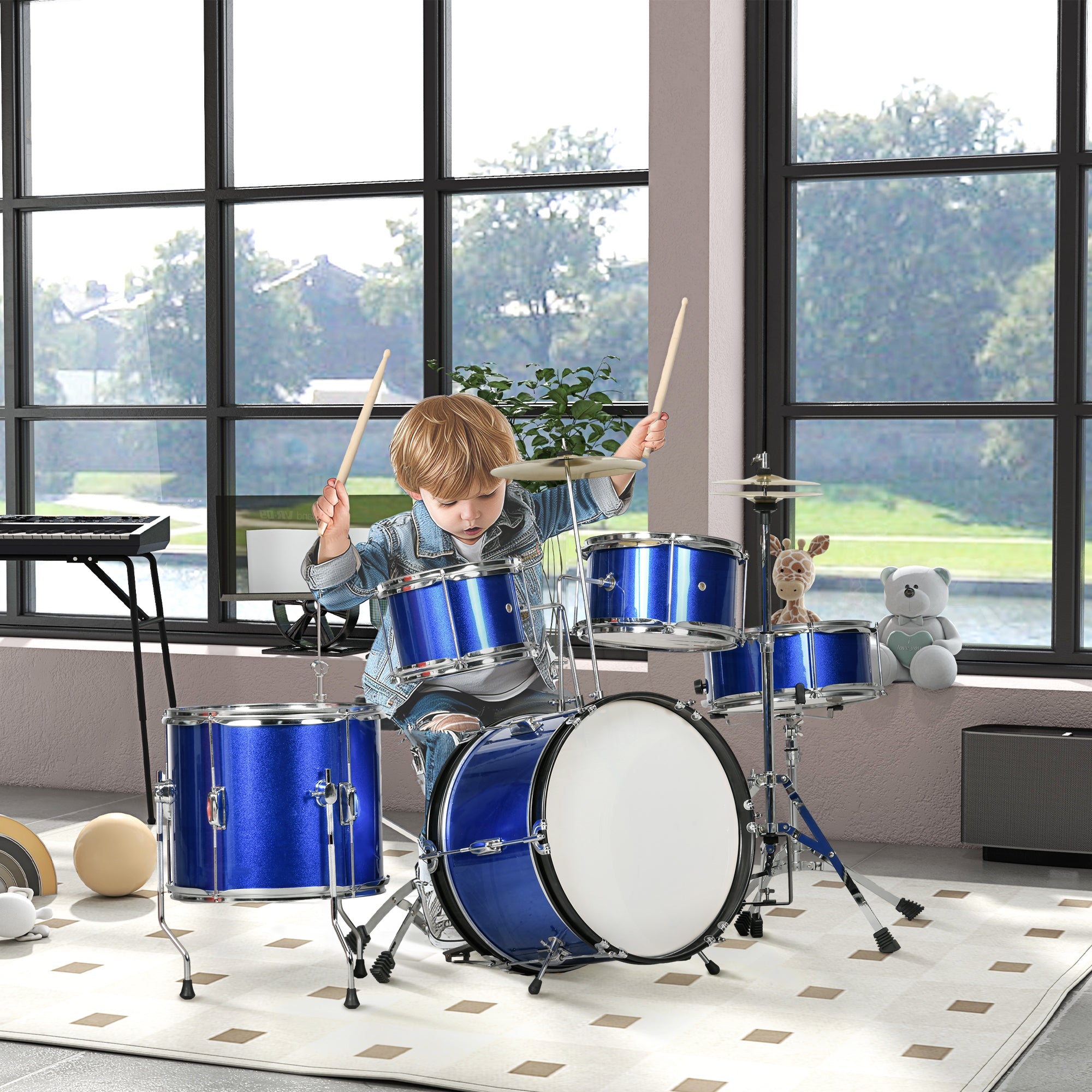 AIYAPLAY 11-Piece Kids Drum Kits w/ Stool, Drumsticks, Pedal, Cymbals, for 3-6 Years, Blue - North Peak Garden Furniture
