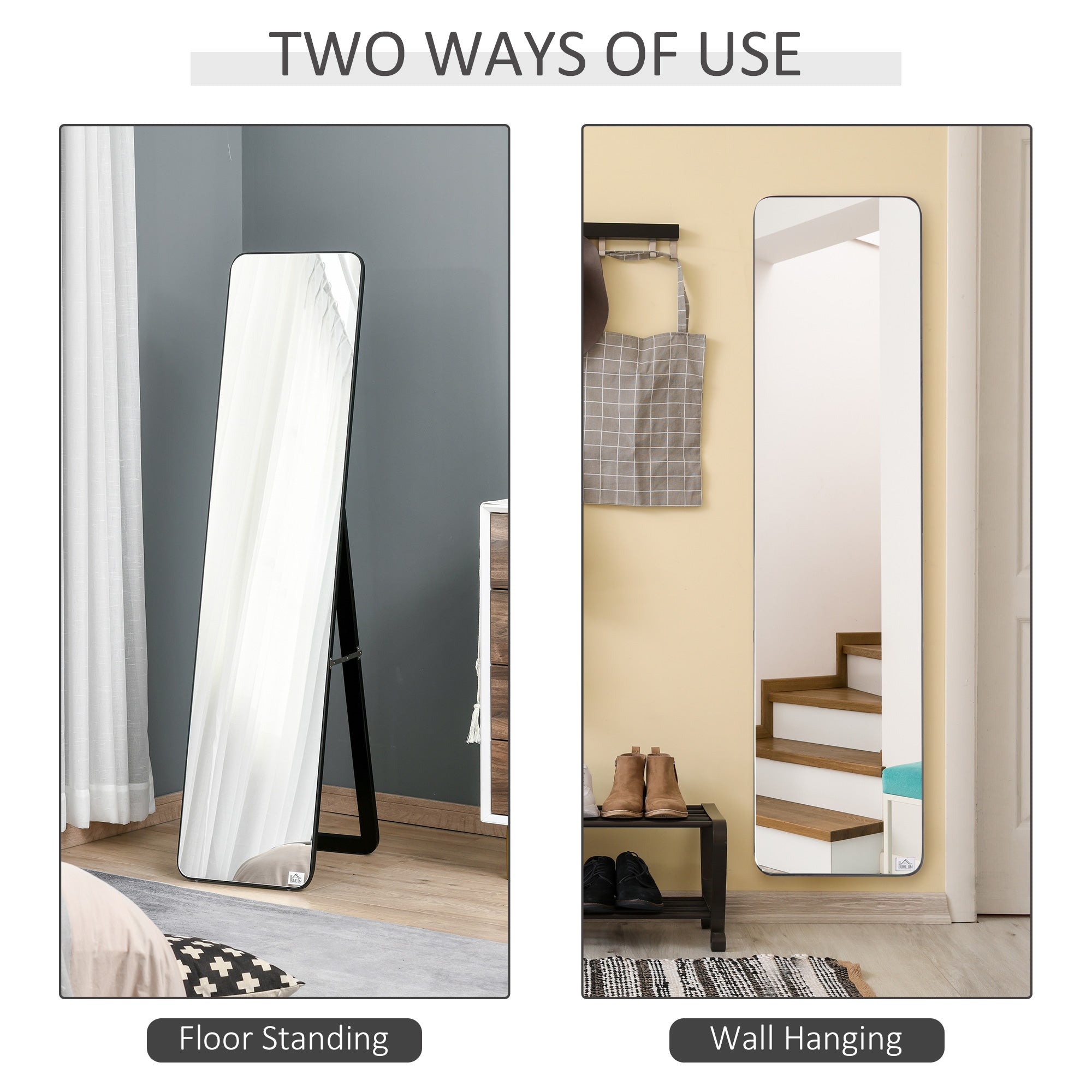 HOMCOM Full Length Mirror, Free Standing or Wall Hanging, Tall Full Body Mirror for Bedroom, Hallway, Black - North Peak Garden Furniture