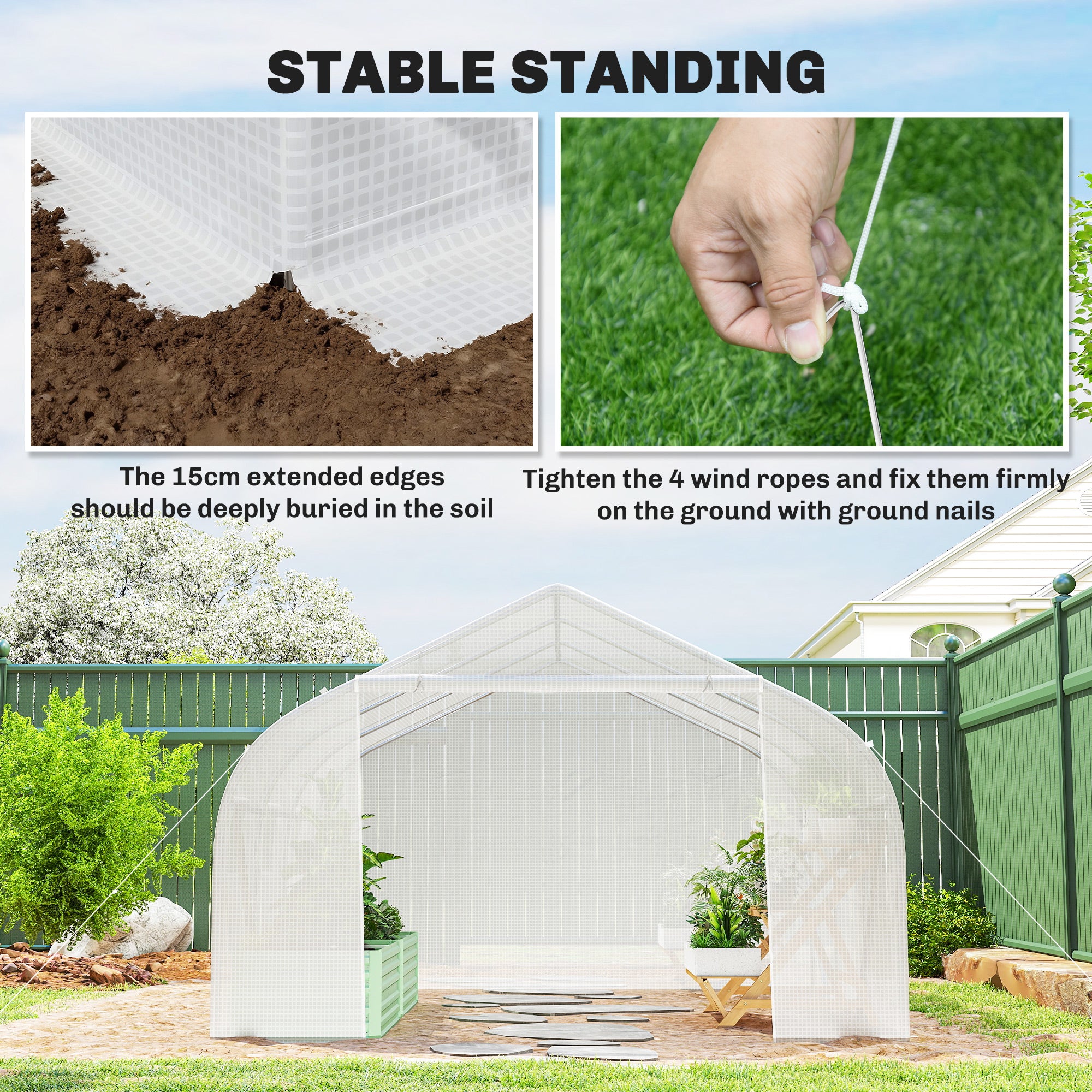 Outsunny Walk-In Polytunnel Greenhouse Warm House Garden Tunnel Shelter Plant Shed with Door and Windows, Galvanised Steel Frame, 4.5 x 3 x 2m, White
