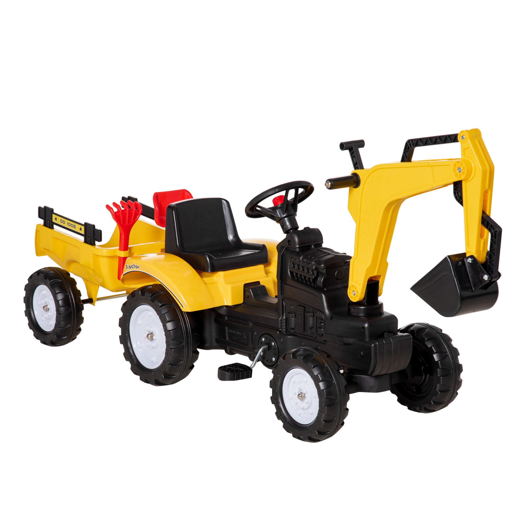 HOMCOM Kids Ride-On Construction Car, with Horn and Detachable Trailer - Yellow - North Peak Garden Furniture