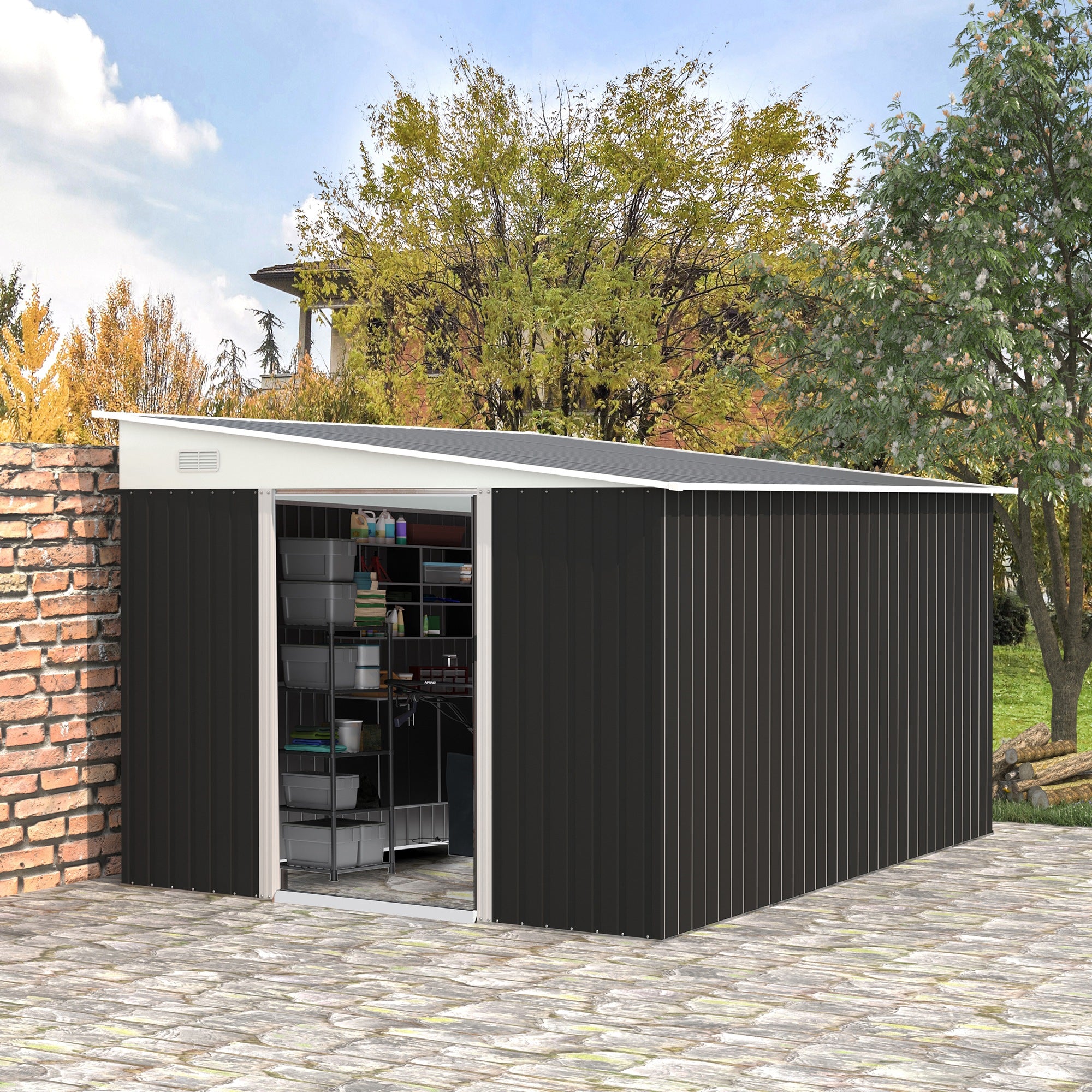 Outsunny 3.3 x 2.68m Corrugated Metal Shed - Black - North Peak Garden Furniture