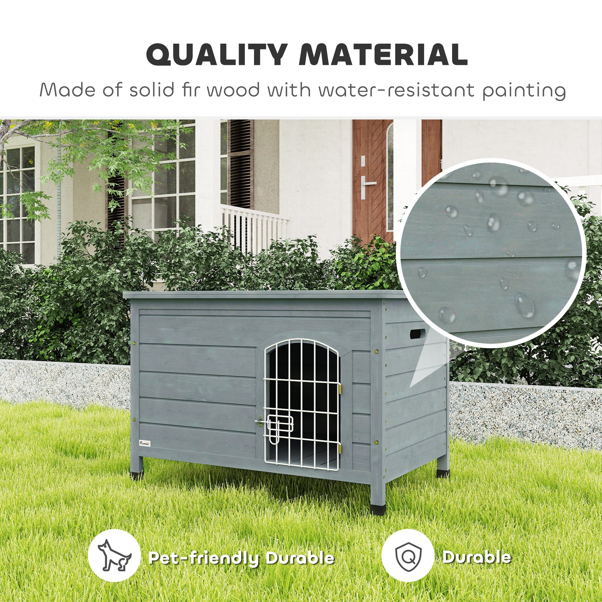 PawHut Wooden Dog House with Removable Bottom, Wire Door, Openable Top, Pet Shelter for Small Dog, 80 x 55 x 53.5cm, Dark Grey - North Peak Garden Furniture