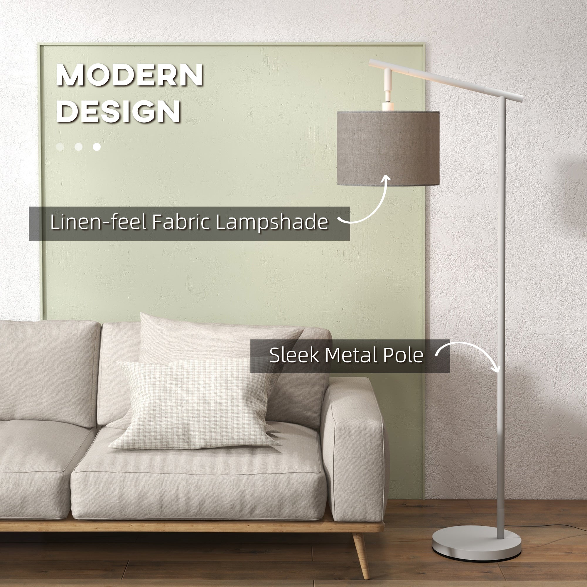 HOMCOM Metal Frame Floor Lamp with 350° Rotating Lampshade, for Living Room and Bedroom, LED Bulb Included, Grey - North Peak Garden Furniture