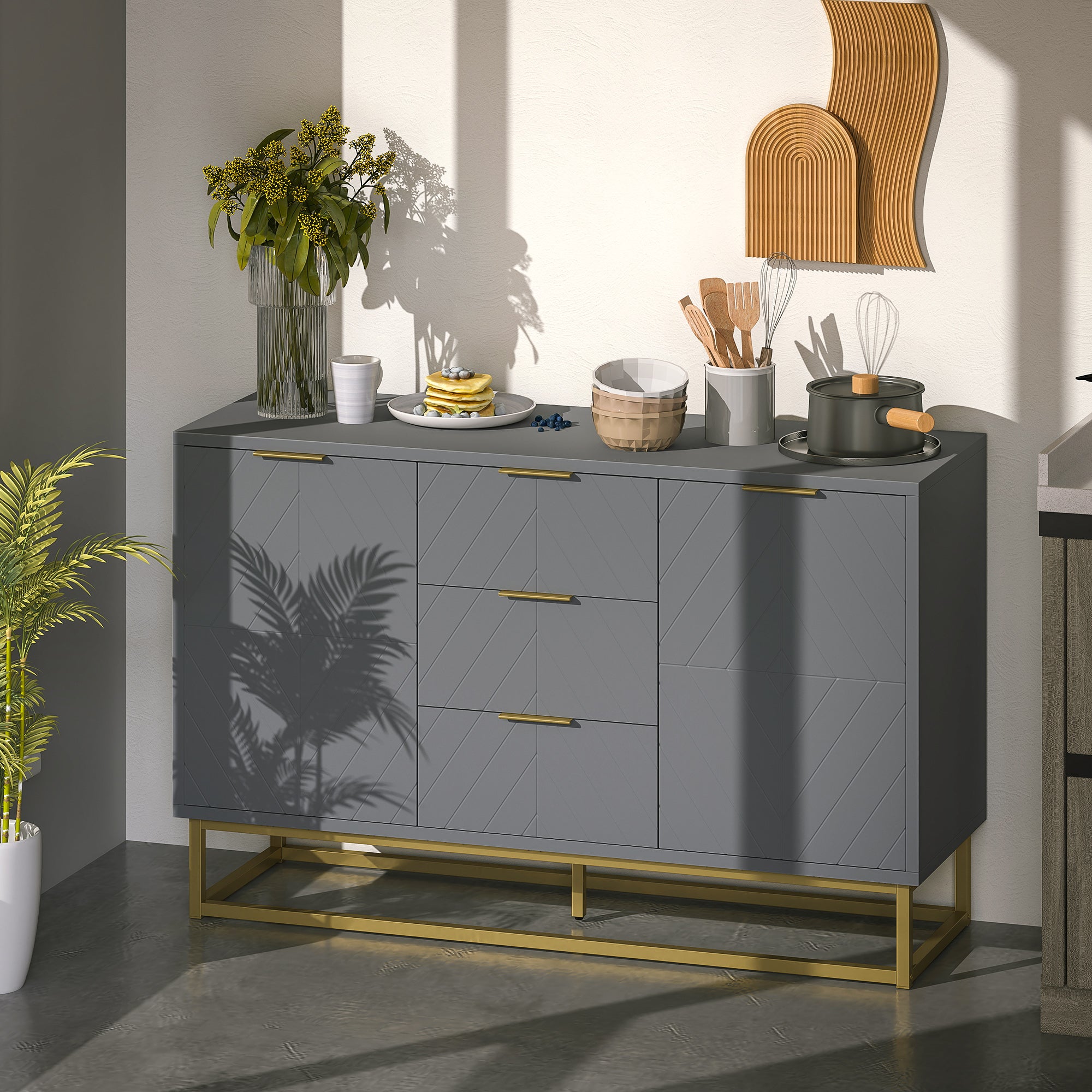 HOMCOM Sideboard with 3 Drawers and Adjustable Shelves for Living Room - Grey - North Peak Garden Furniture