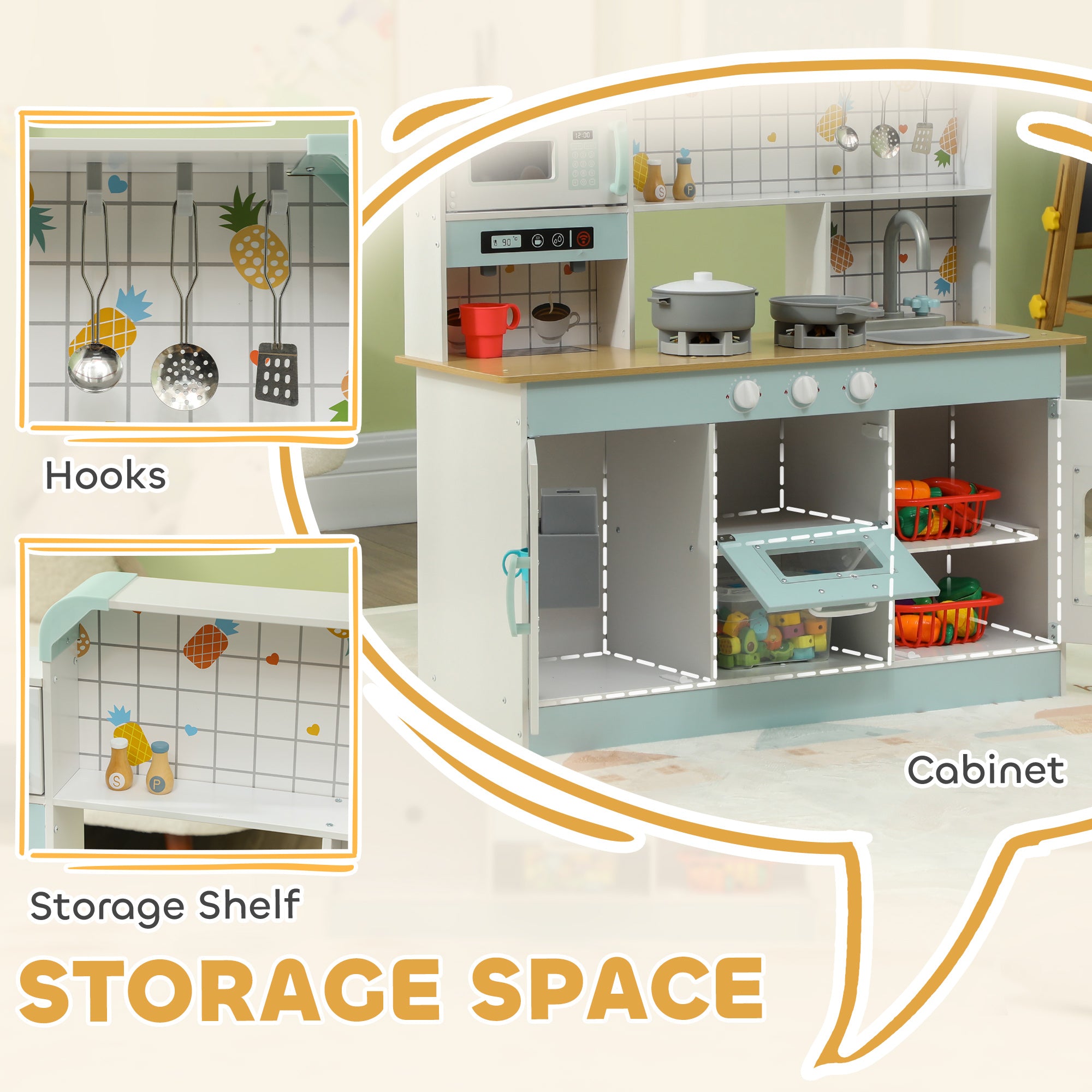 AIYAPLAY Toy Kitchen, Pretend Role Play Kitchen with Hob, Sound and Light, Coffee Machine, Ice Maker, Microwave - North Peak Garden Furniture