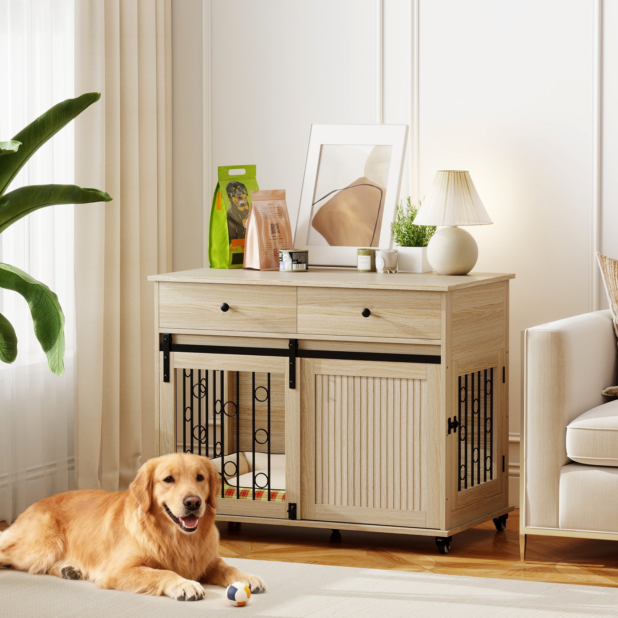 PawHut Dog Crate Furniture on Wheels, Dog Cage with 2 Drawers, Sliding Door, for Medium Large Dogs, Oak Tone