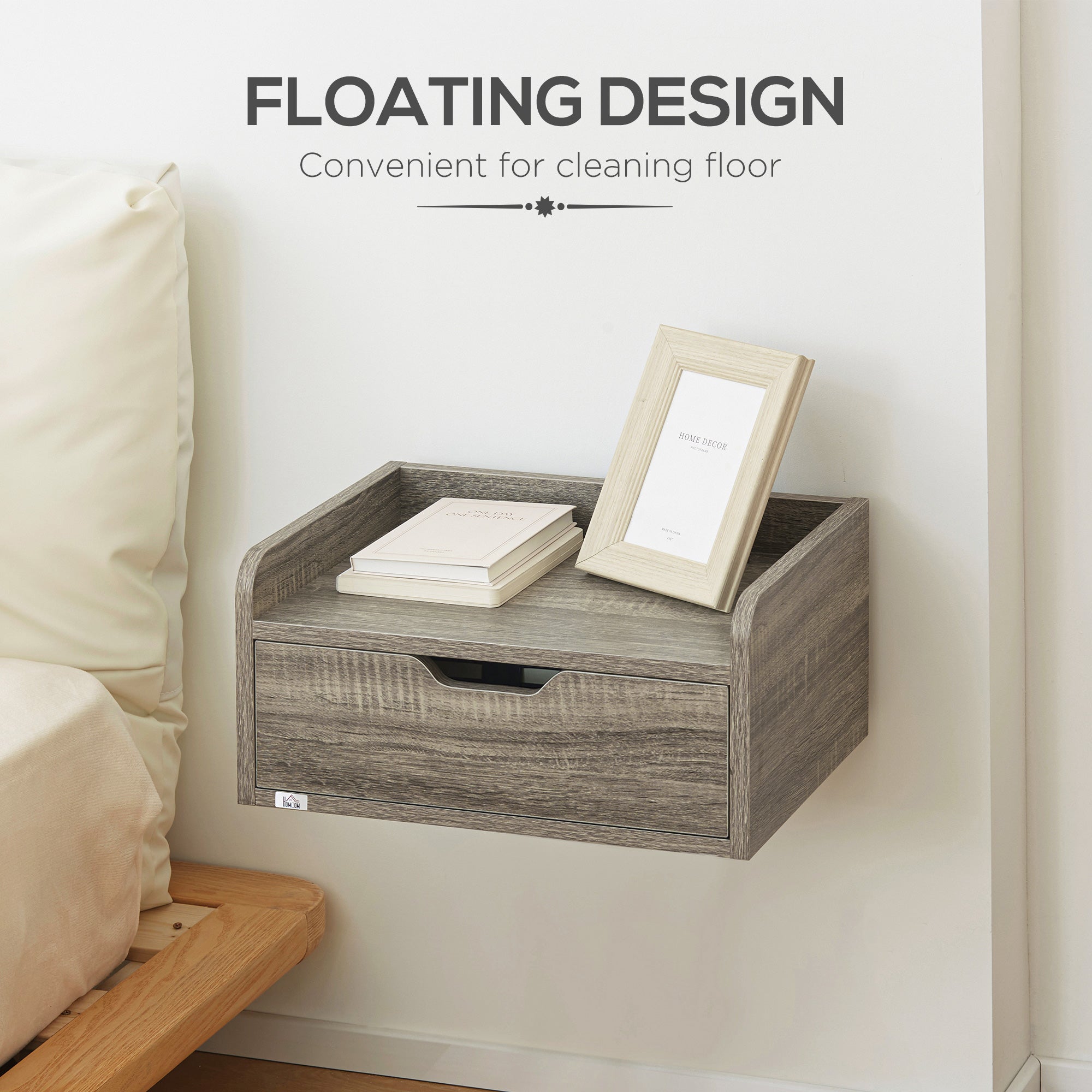HOMCOM Floating Nightstand Set of 2 Wall Mounted Bedside Table with Storage Drawer for Bedroom, Grey - North Peak Garden Furniture