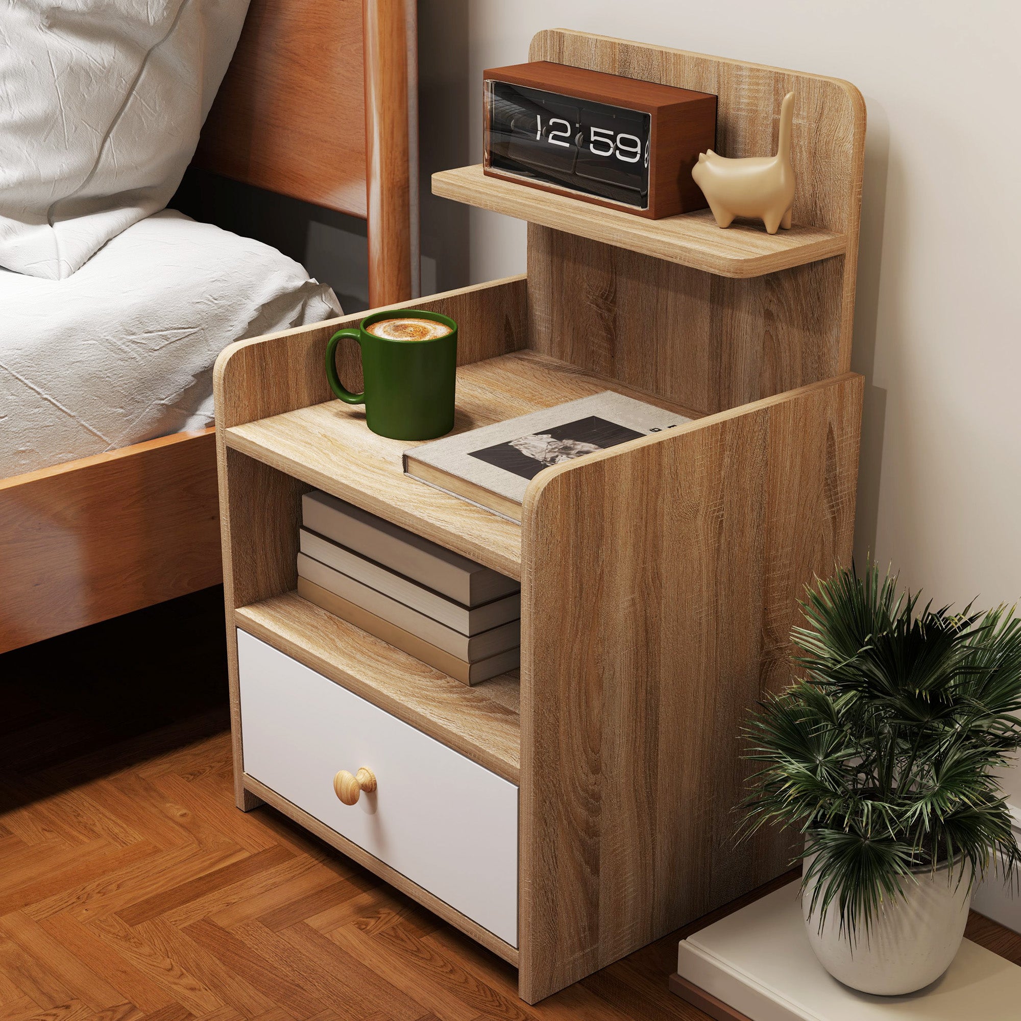 HOMCOM Multi-Storage Bedside Table - White/Wood-Effect