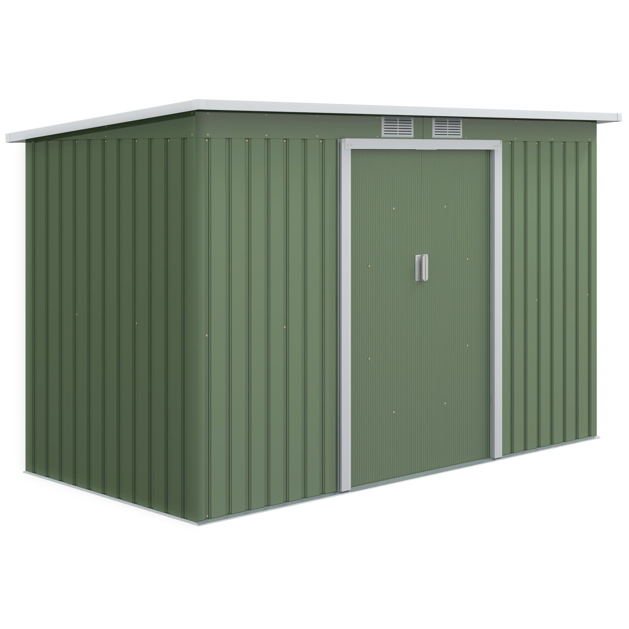 Outsunny 9ft x 4ft Metal Garden Shed, Outdoor Tool House with Foundation Kit, Ventilations and Double Doors, Light Green - North Peak Garden Furniture