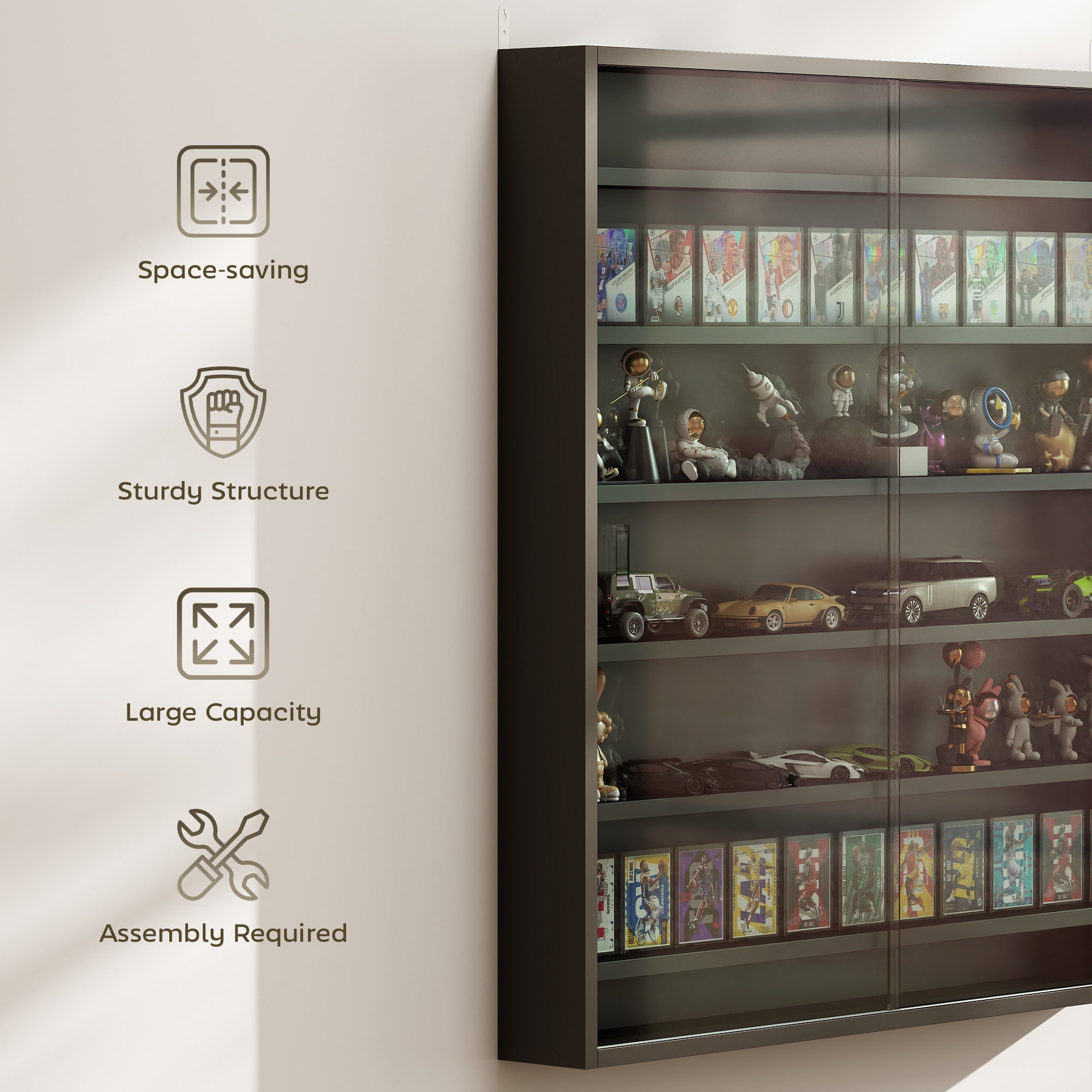 HOMCOM 7-Tier Wall Display Shelf Unit Cabinet w/ 6 Adjustable Shelves Glass Doors Home Office Ornaments 83x80cm, Black