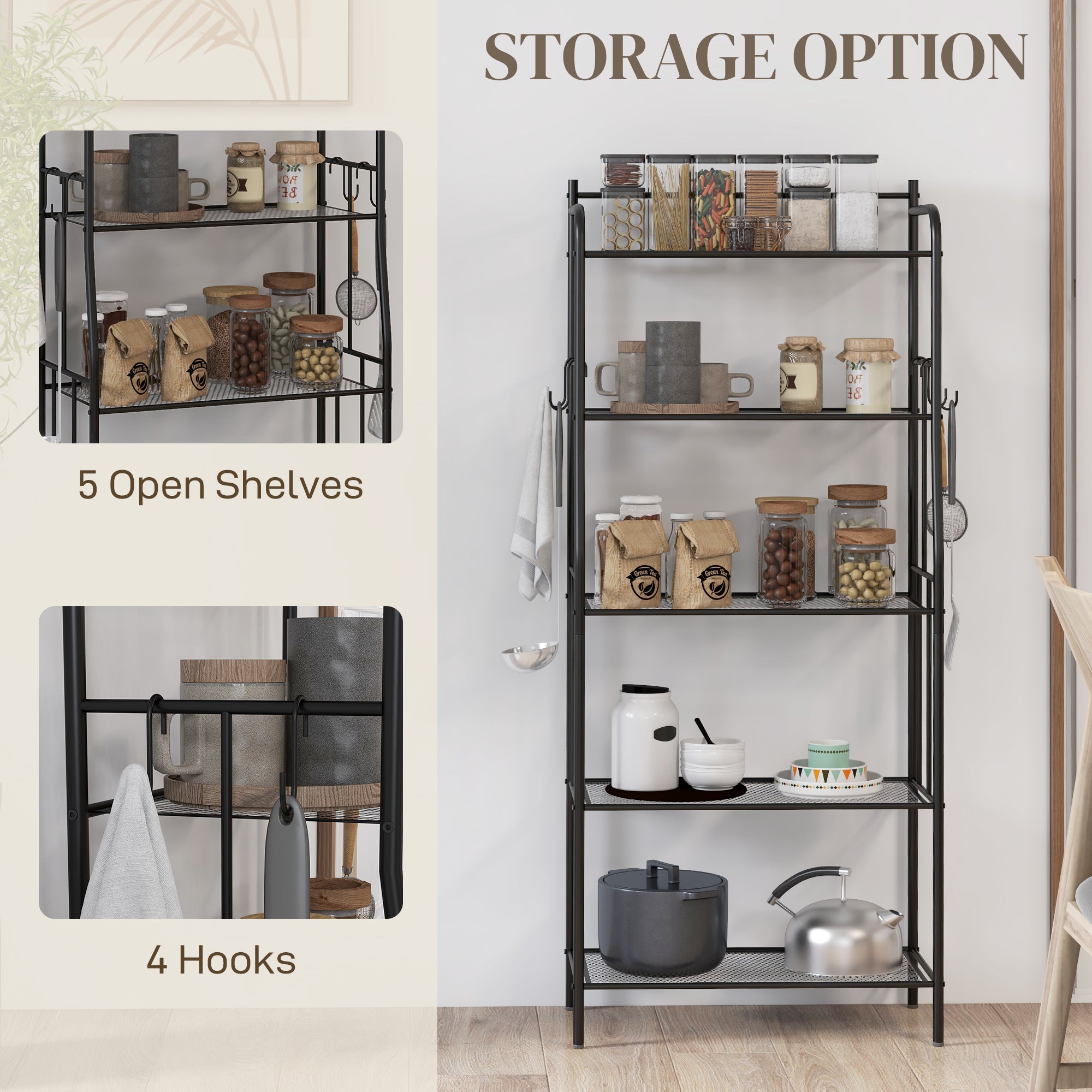HOMCOM Five-Tier Steel Frame Kitchen Shelving Unit - Black - North Peak Garden Furniture