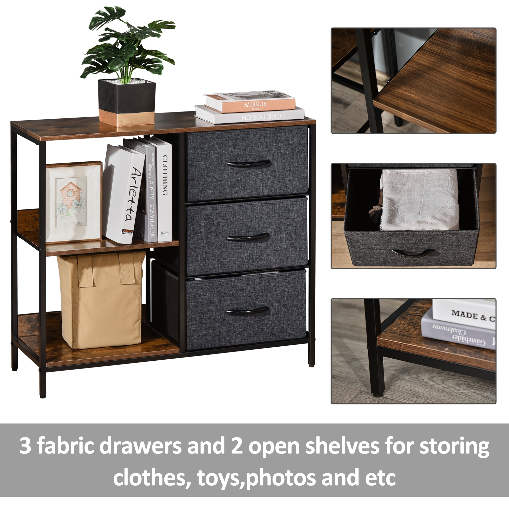 HOMCOM Chest of Drawers Storage Dresser Cabinet Organizer with 3 Fabric Drawers and 2 Display Shelves for Living Room, Bedroom, Hallway, Black - North Peak Garden Furniture