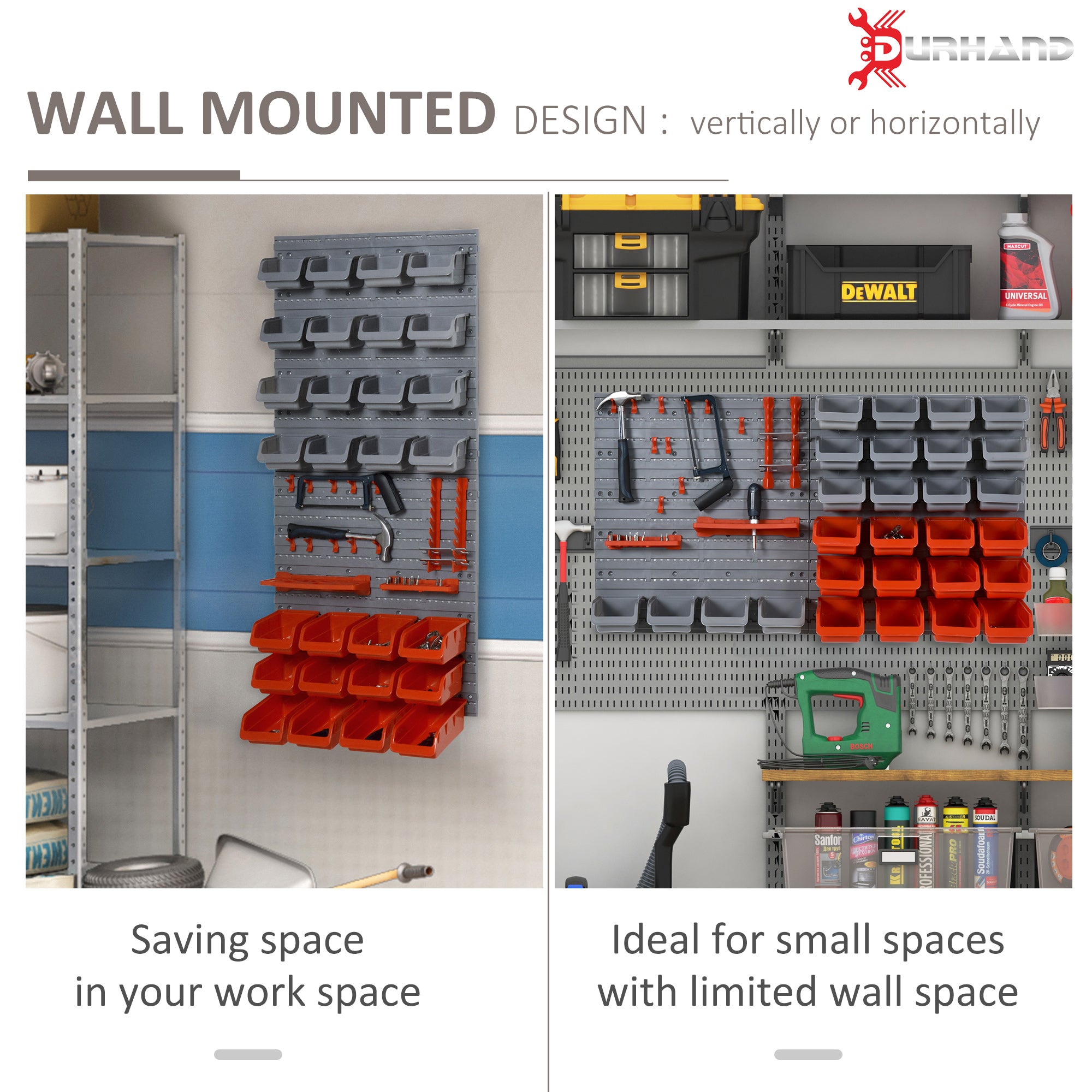 DURHAND 44 Piece Wall Mounted Tool Rack Organiser Storage Bins and Panel Set with Shelf Hook Screws Accessories Red - North Peak Garden Furniture