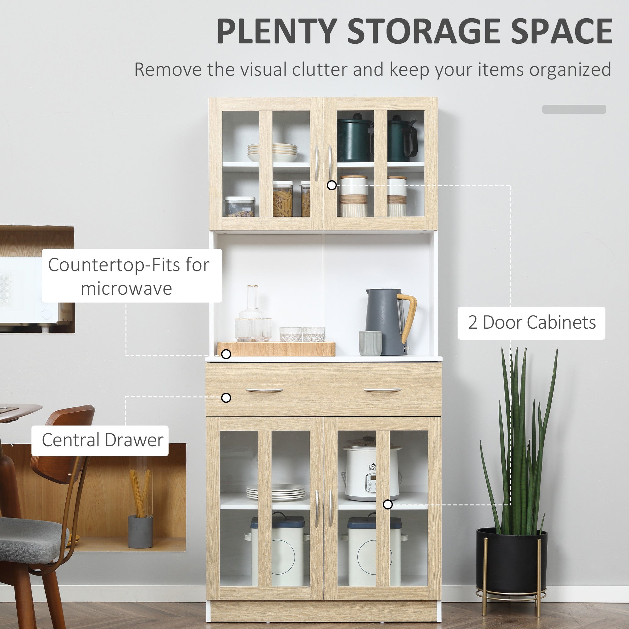 HOMCOM Modern Kitchen Cupboard, Freestanding Storage Cabinet Hutch with Central Drawer, 2 Glass Door Cabinets and Countertop, 180cm