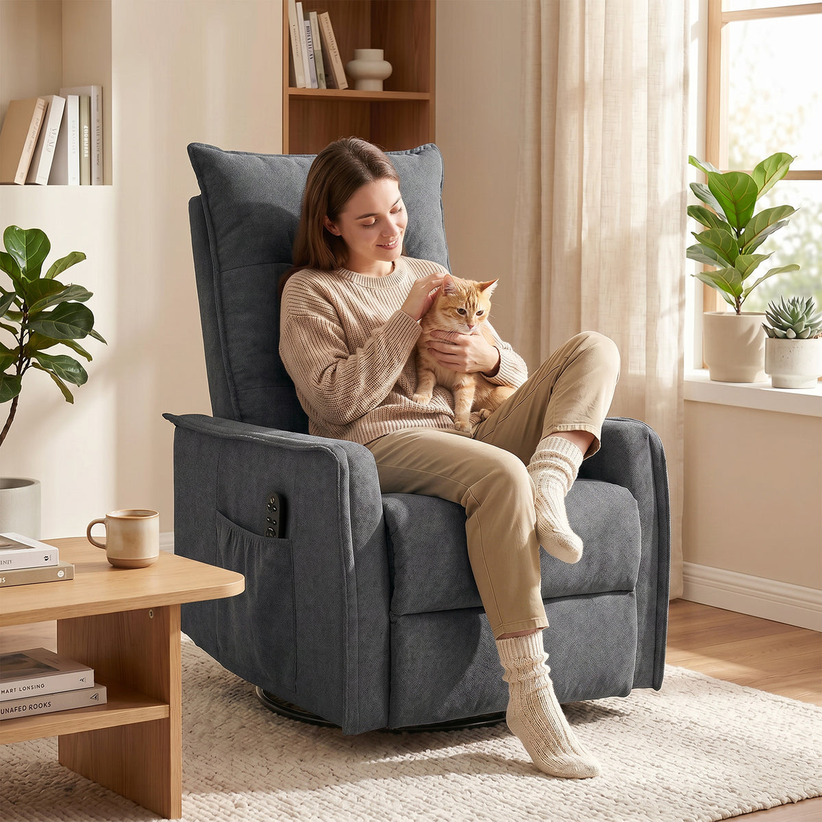 HOMCOM Recliner Armchair, Chenille Recliner Chair with Massage and Heat, 360° Swivel Rocking Manual Recliner, Dark Grey