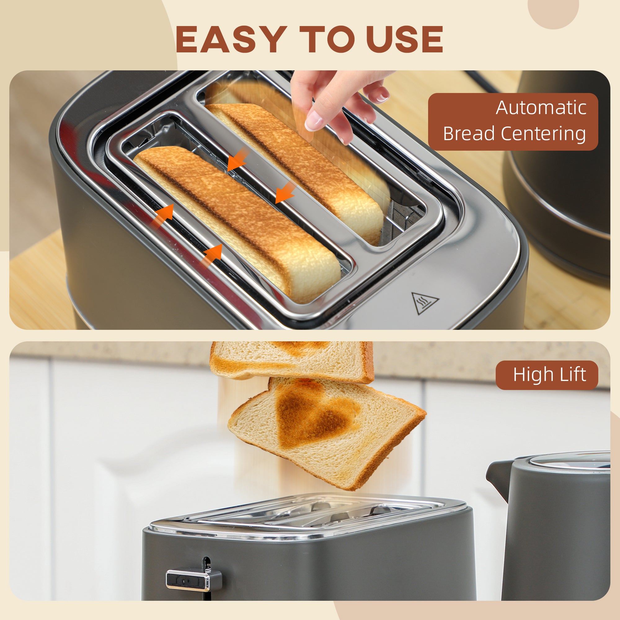 HOMCOM Kettle and Toaster Set, 1.7L 3000W Fast Boil Kettle & 2 Slice Toaster Kitchen Set with 6 Level Browning Controls, Defrost, Reheat, Grey - North Peak Garden Furniture