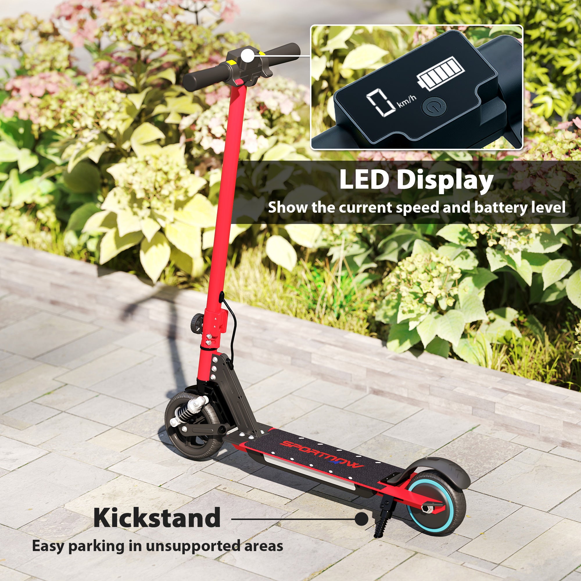 SPORTNOW Folding Electric Scooter for Kids Age 6-14 with Dual Brakes, Front Suspension, LED Colourful Lights and Display, 6.8kg Lightweight Aluminium E Scooter, Up to 14 KM/H & 6 KM, Red - North Peak Garden Furniture