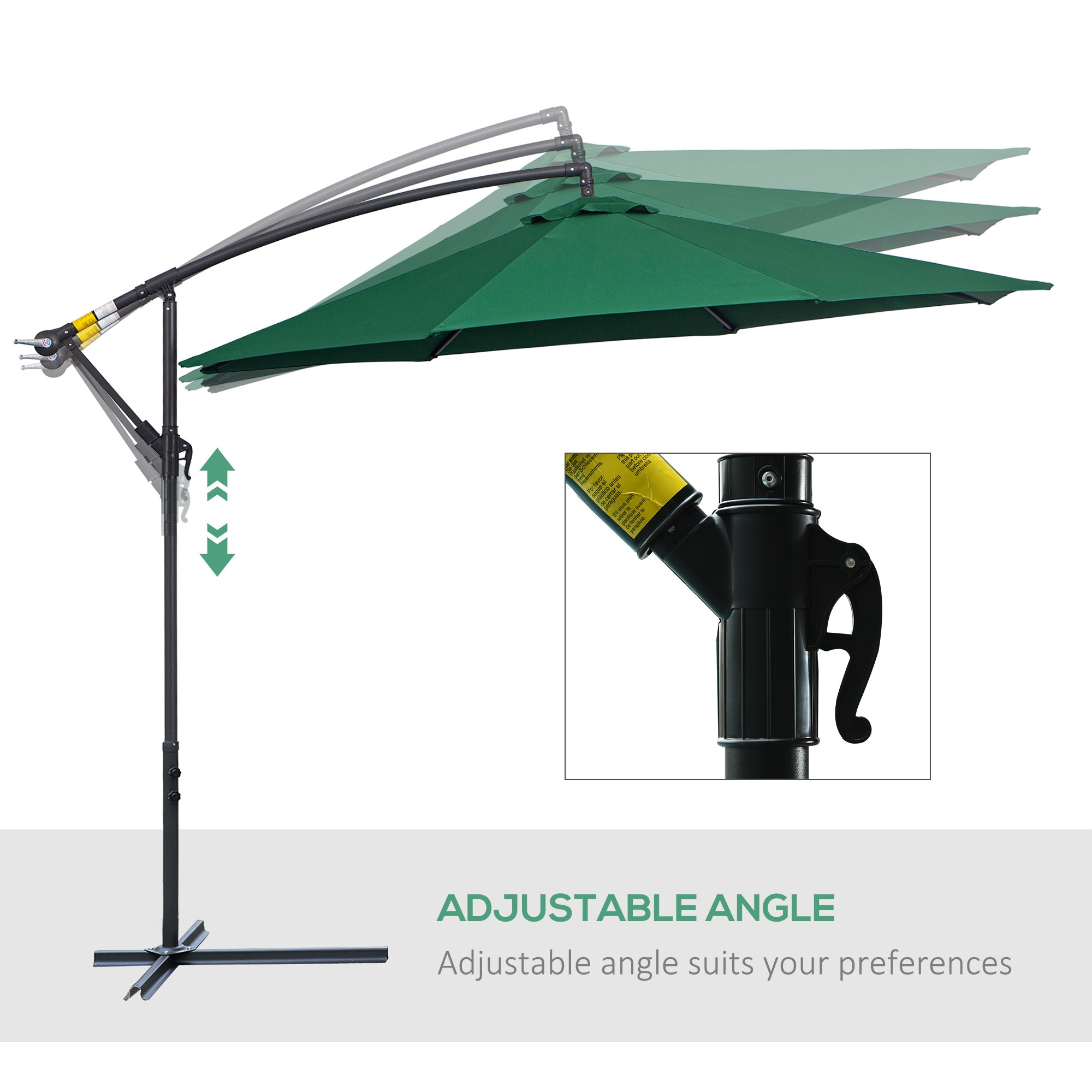 Outsunny Banana Cantilever Parasol: 3m Hanging Umbrella with Crank & Cross Base, Outdoor Sun Shelter, Verdant Green