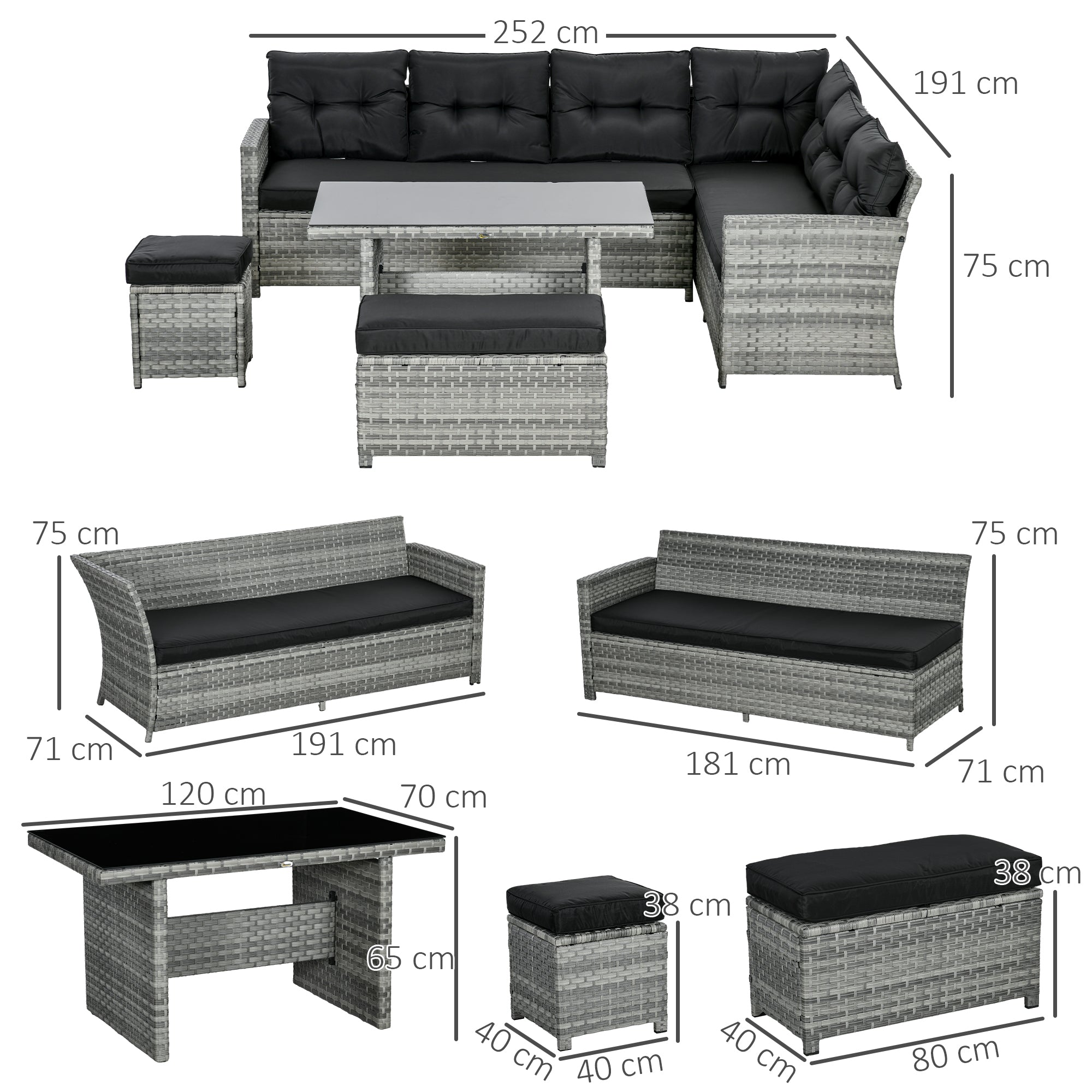 Outsunny 5-Piece Rattan Patio Furniture Set with Corner Sofa, Footstools, Glass Coffee Table, Cushions, Mixed Grey - North Peak Garden Furniture