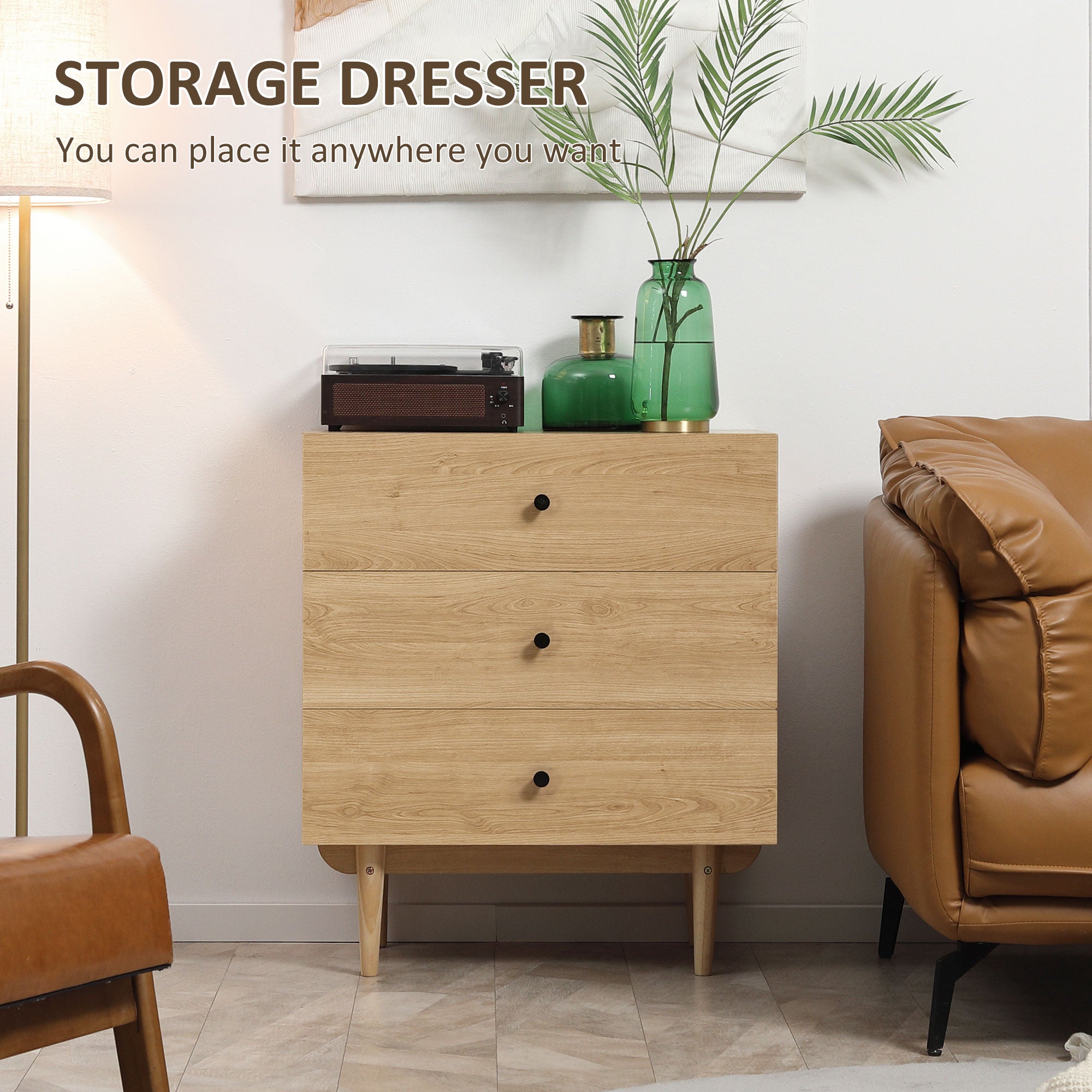 HOMCOM Vintage Storage Cabinet with Double Chevron Doors and Pine Wood Legs, Side Cabinet, Natural Wood Effect