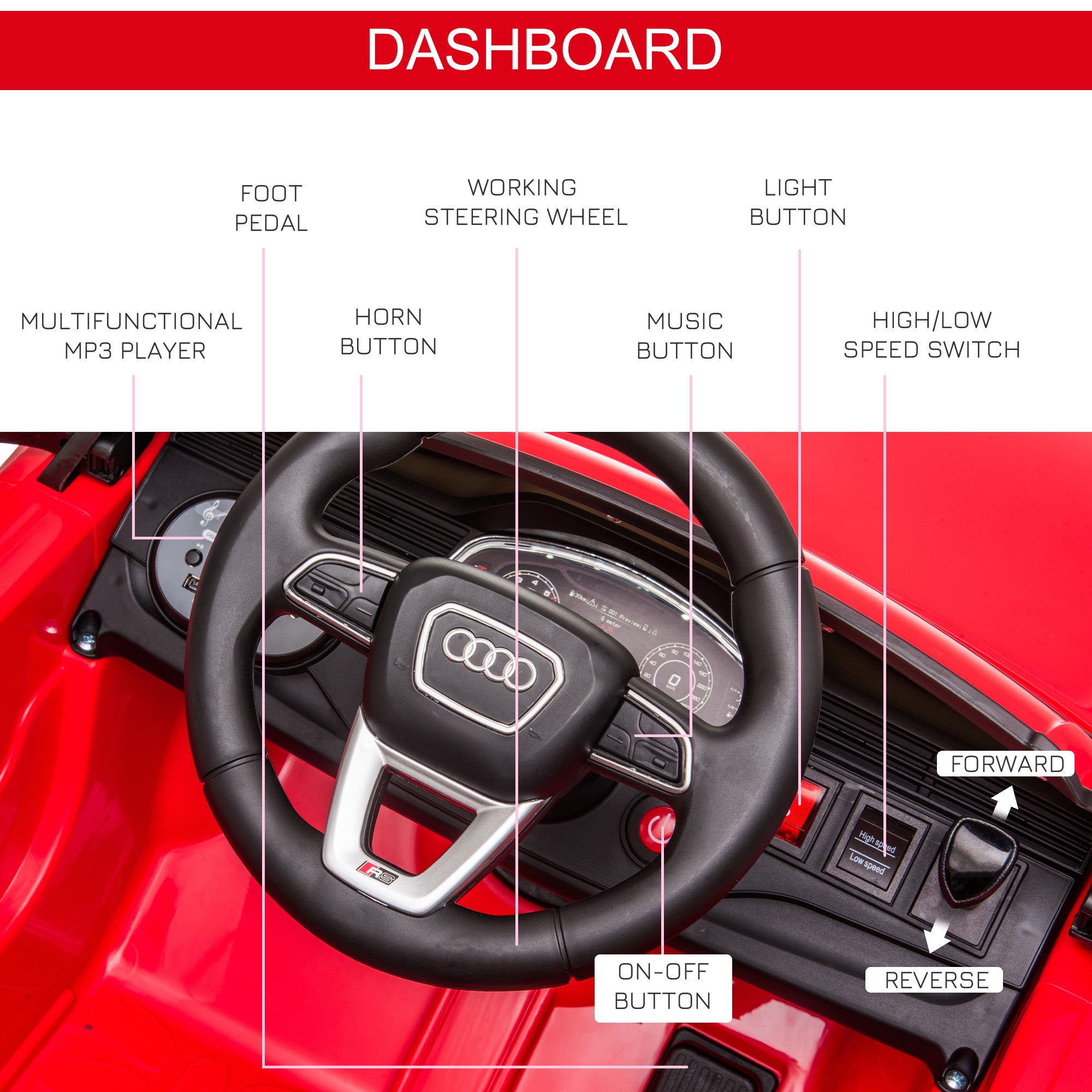 HOMCOM Audi RS Q8 Licensed 6V Kids Electric Ride On Car Toy Car with Remote Control Music Lights USB MP3 for 3-5 Years Old Red - North Peak Garden Furniture