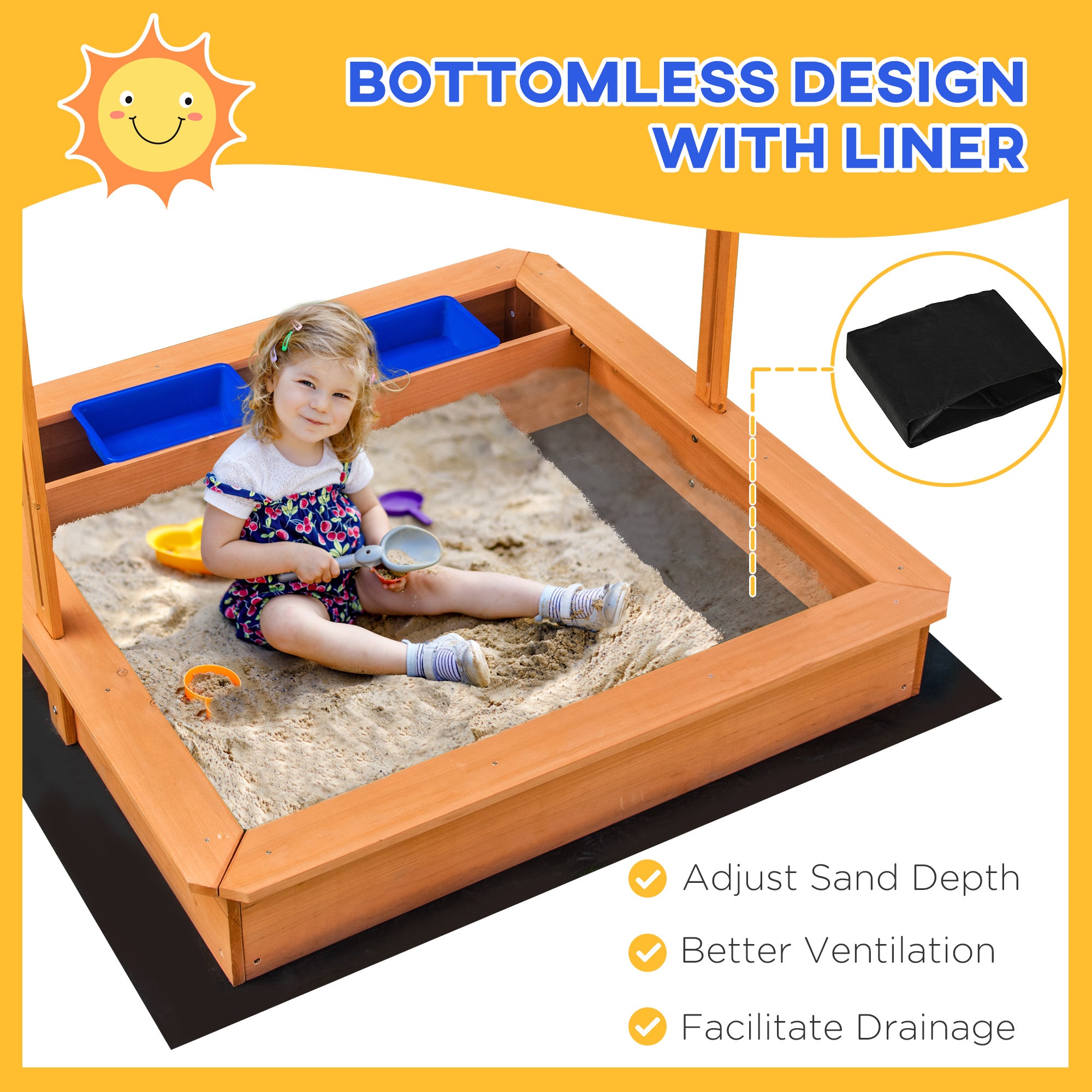 Outsunny Sand Pit Kids Wooden Sandbox with Cover Children Sandpit Play Station Height Adjustable with Canopy, Bottom Liner, Plastic Basins for Outdoor Aged 3-7 Years