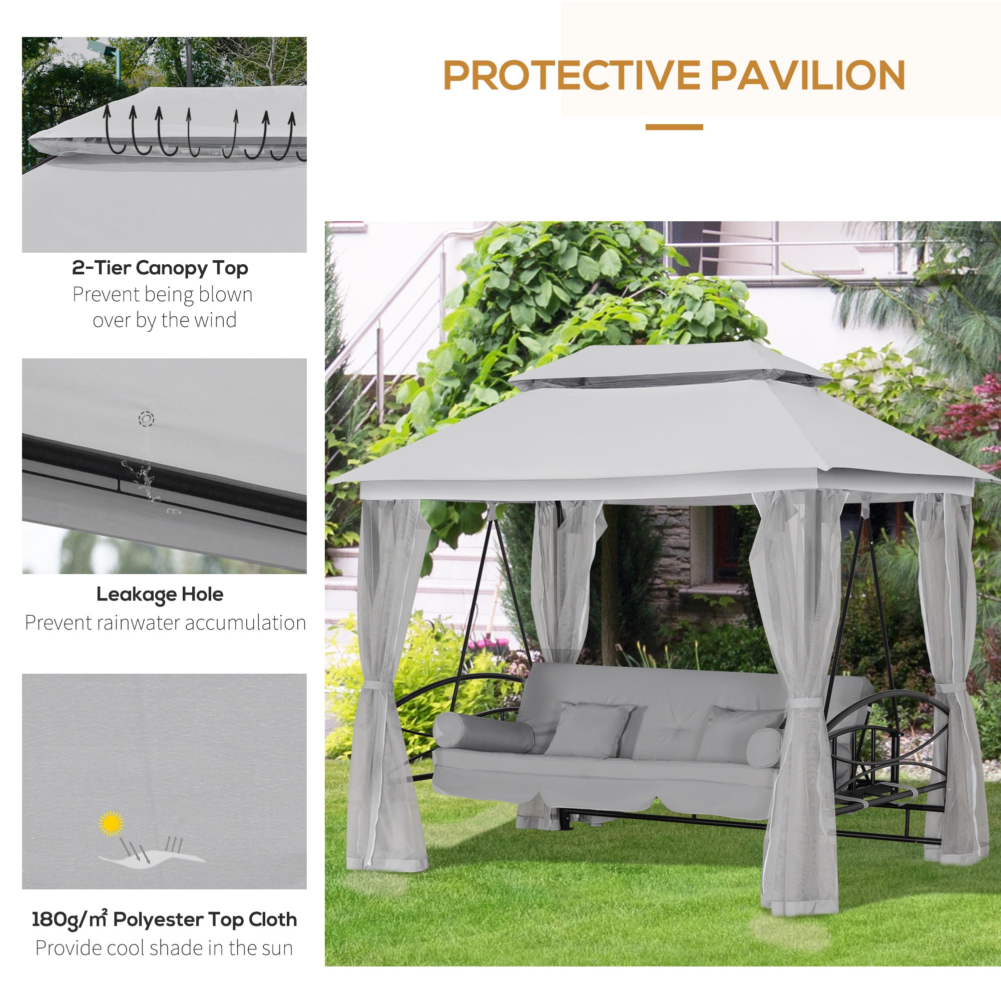 Outsunny 3 Seater Convertible Swing Chair, Outdoor Gazebo Swing Seat Bed with Double Tier Canopy, Cushioned Seat, Mesh Sidewalls, Light Grey