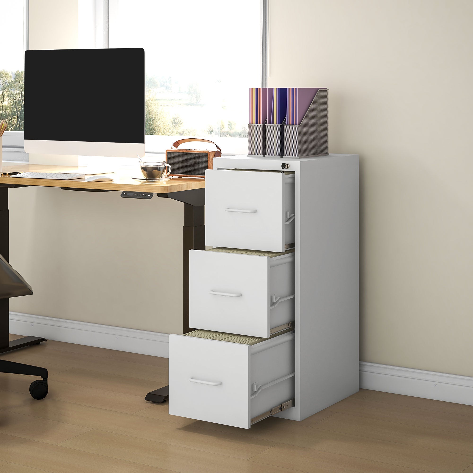 HOMCOM Three-Drawer Modern Steel Filing Cabinet - Cream - North Peak Garden Furniture