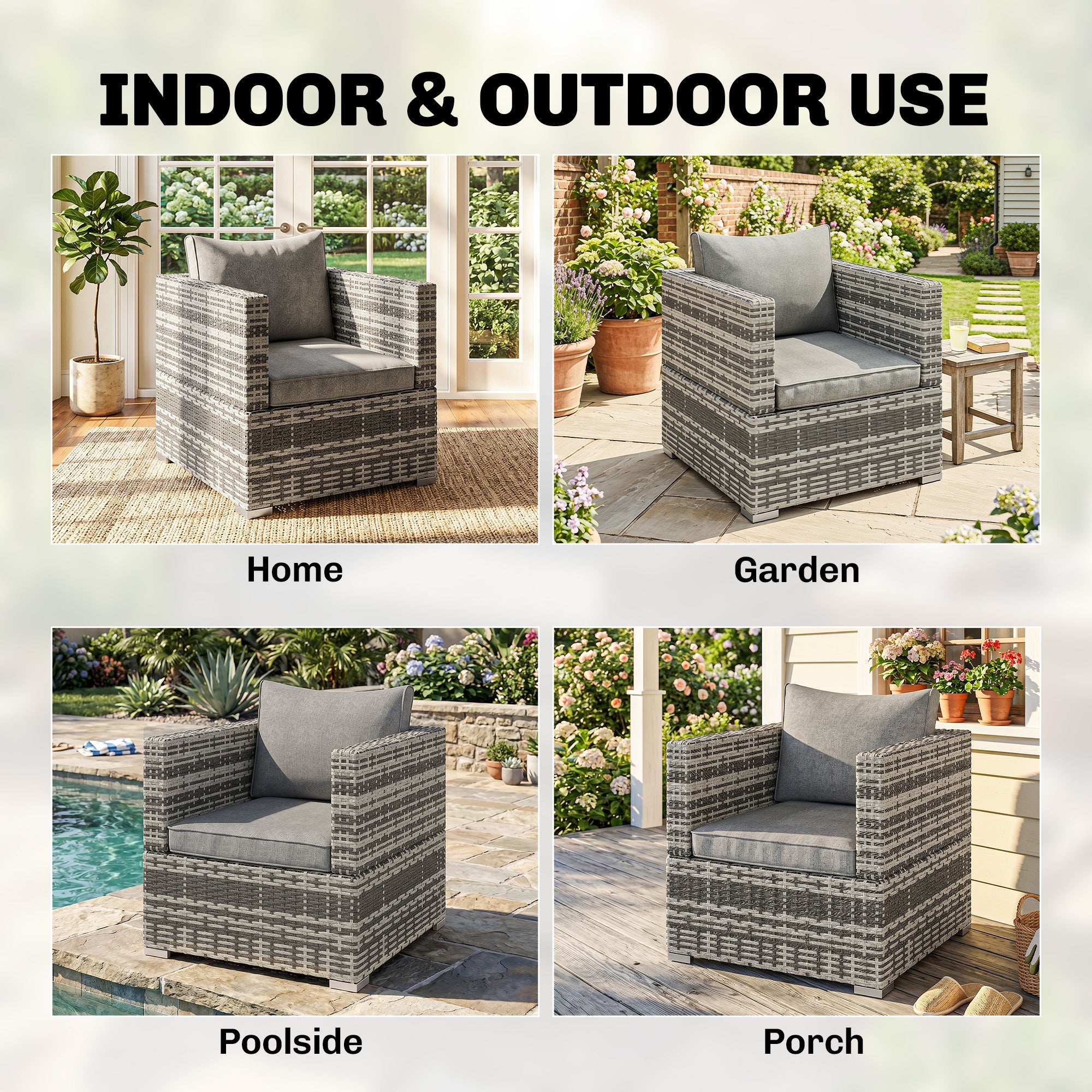 Outsunny Single Seater Rattan Chair Sofa with Padded Cushions, All-Weather PE Wicker Weave Garden Armchair with Armrests, Grey