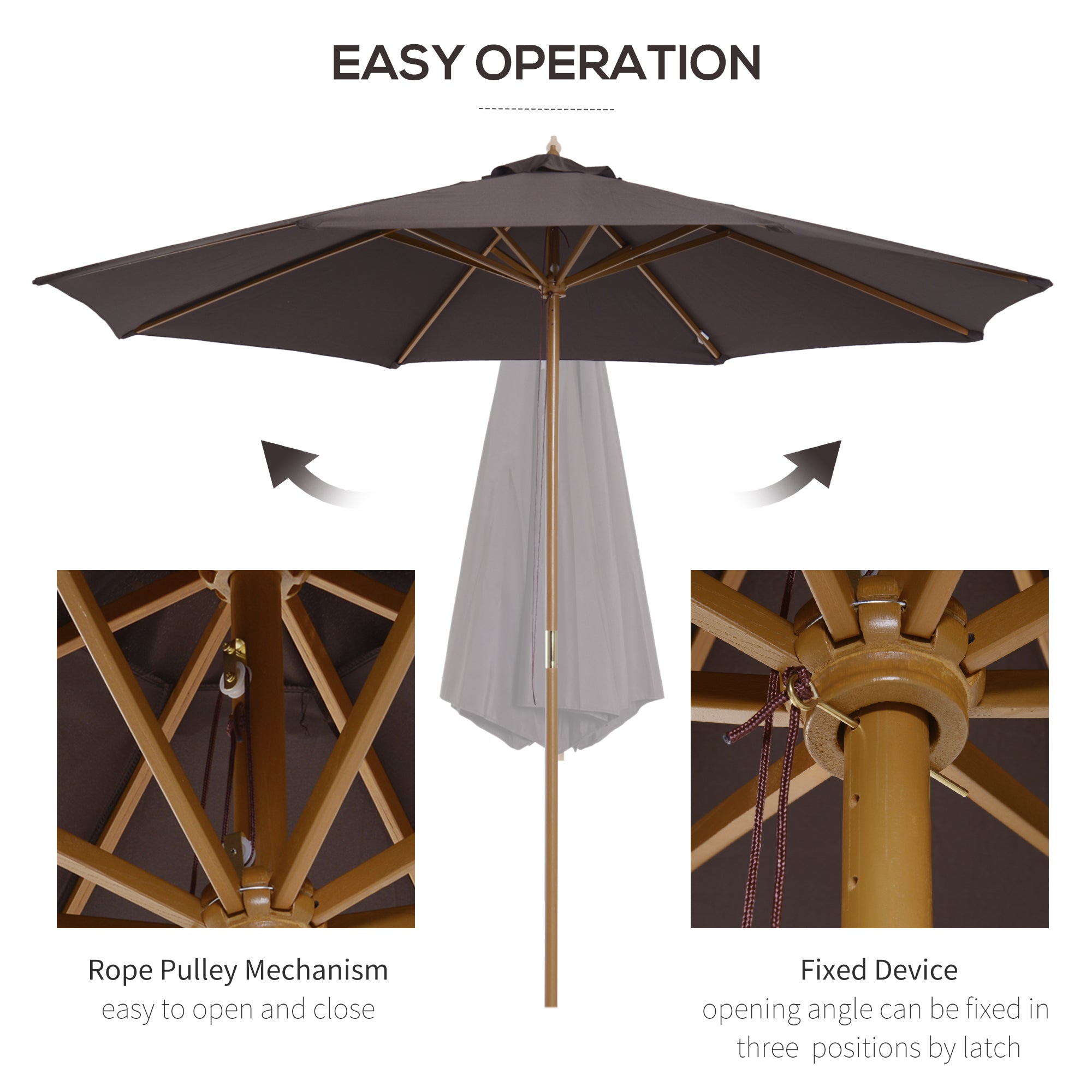 Outsunny 3(m) Garden Parasol, Pulley Operated Patio Umbrella, Wooden Table Market Umbrella with Rope Pulley Mechanism and 8 Ribs, Coffee - North Peak Garden Furniture