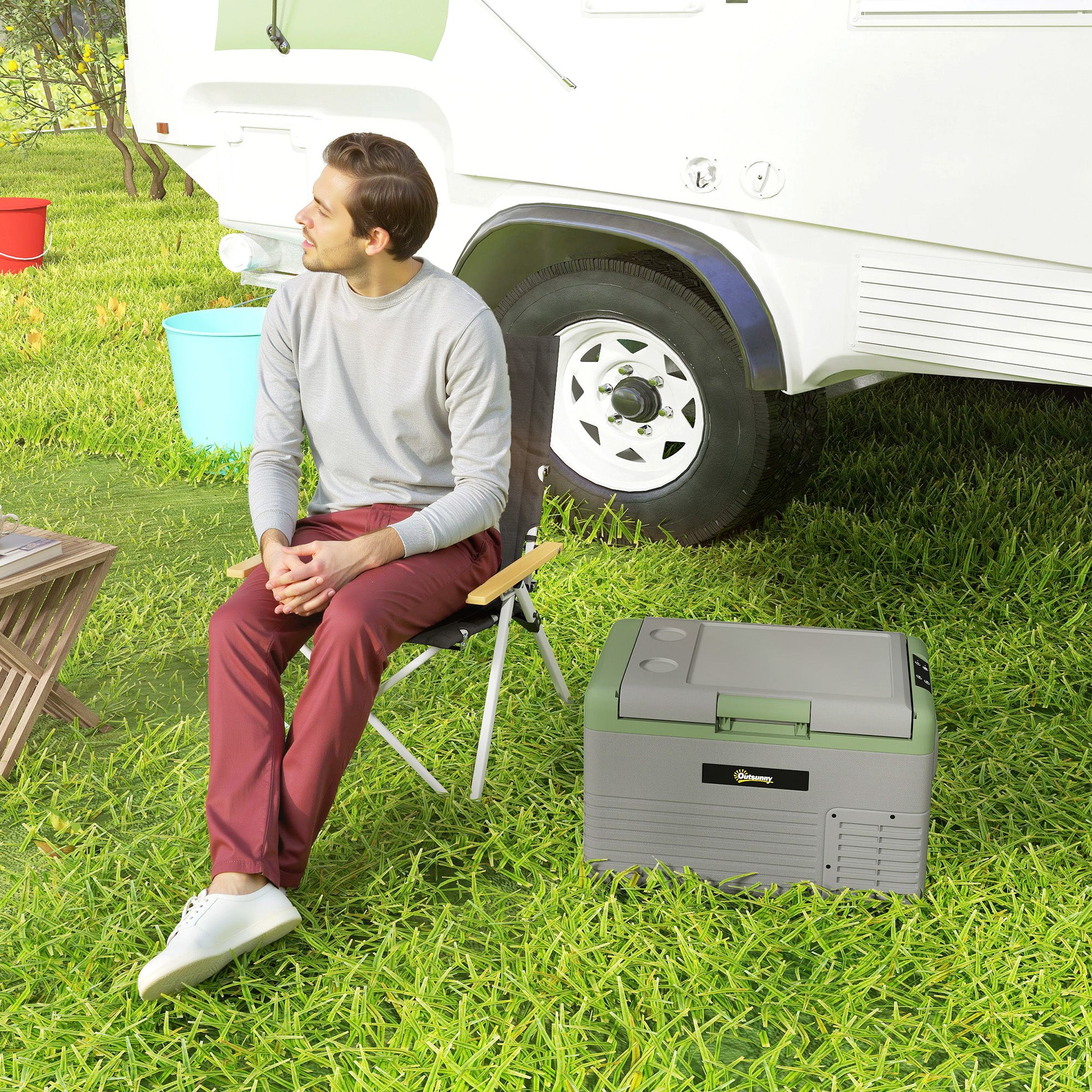 Outsunny 30L Portable Car Refrigerator - Light Green and Grey - North Peak Garden Furniture