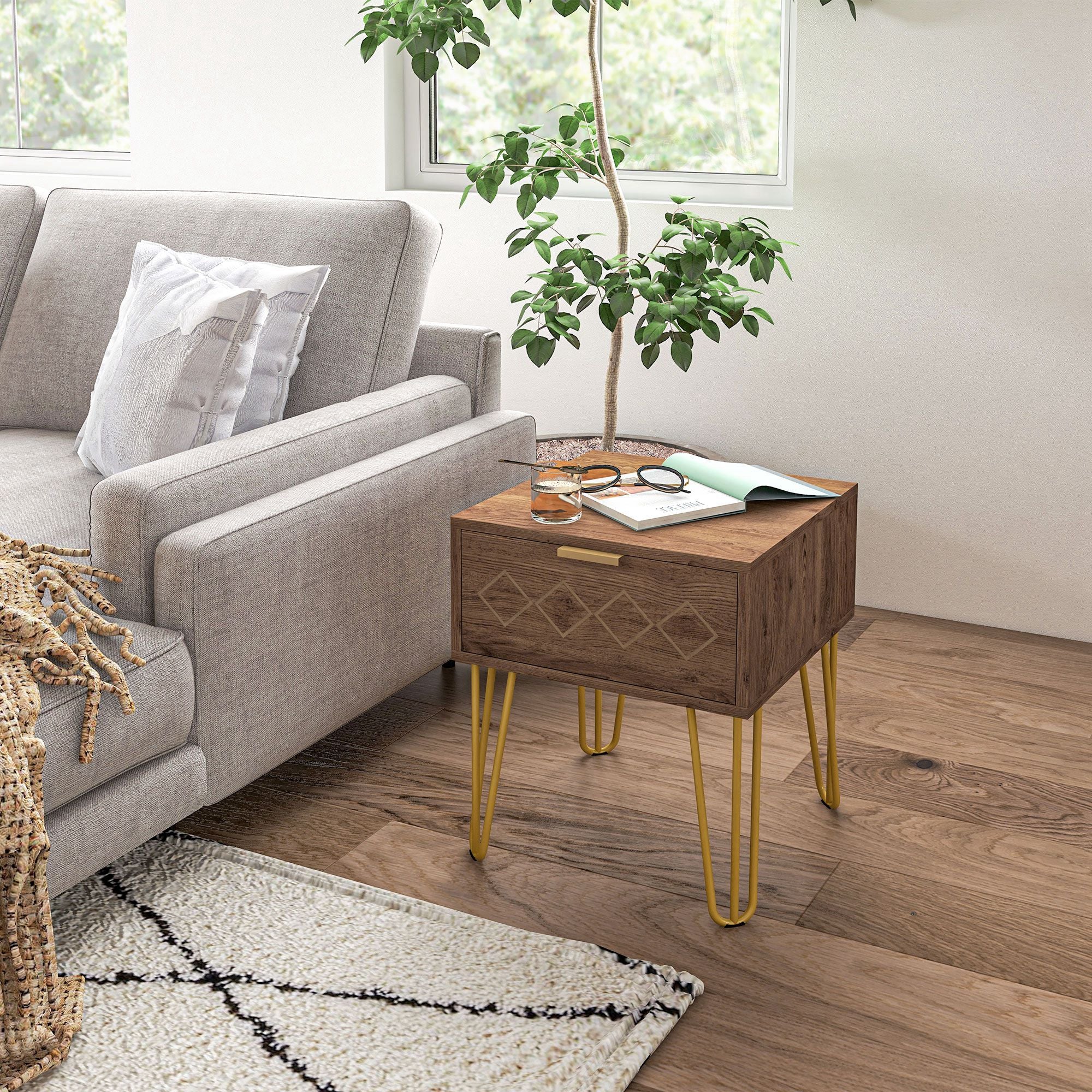 HOMCOM Bedside Table with Drawer, Wooden Nightstand, Modern Sofa Side Table with Gold Tone Metal Legs for Bedroom - North Peak Garden Furniture