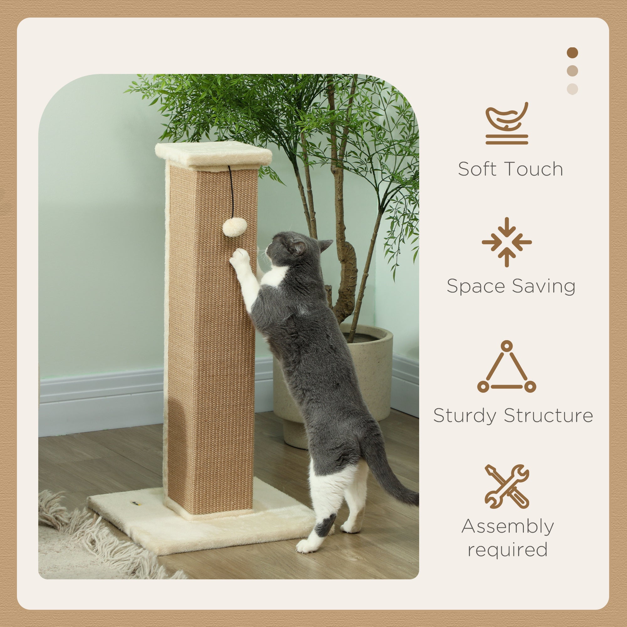 PawHut 81cm Cat Scratcher, Vertical Full Scratcher w/ Natural Jute Rope, Hanging Ball, Soft Plush - Beige