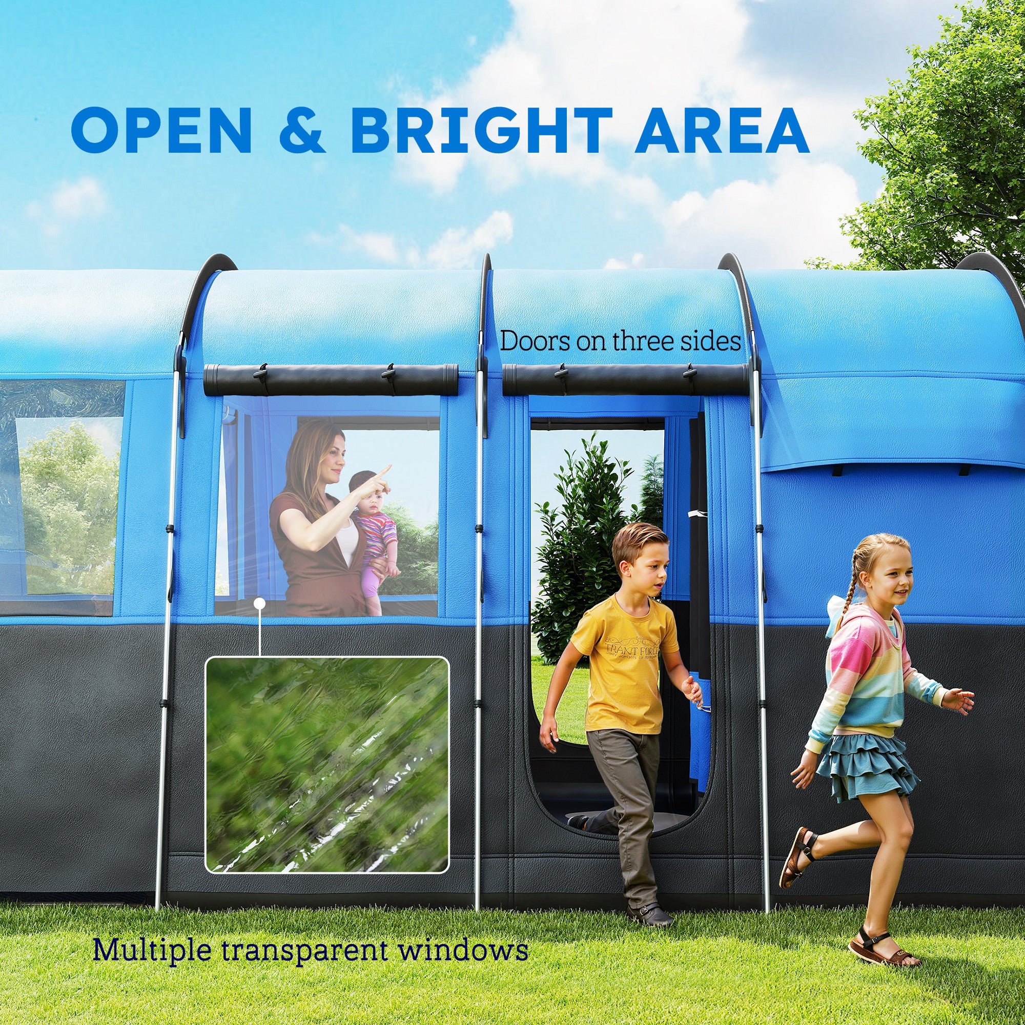 Outsunny 8-Person Camping Tent, Waterproof Family Tent, Tunnel Design, 4 Large Windows, Sleeping Cabins 3000mm Water Column Blue - North Peak Garden Furniture