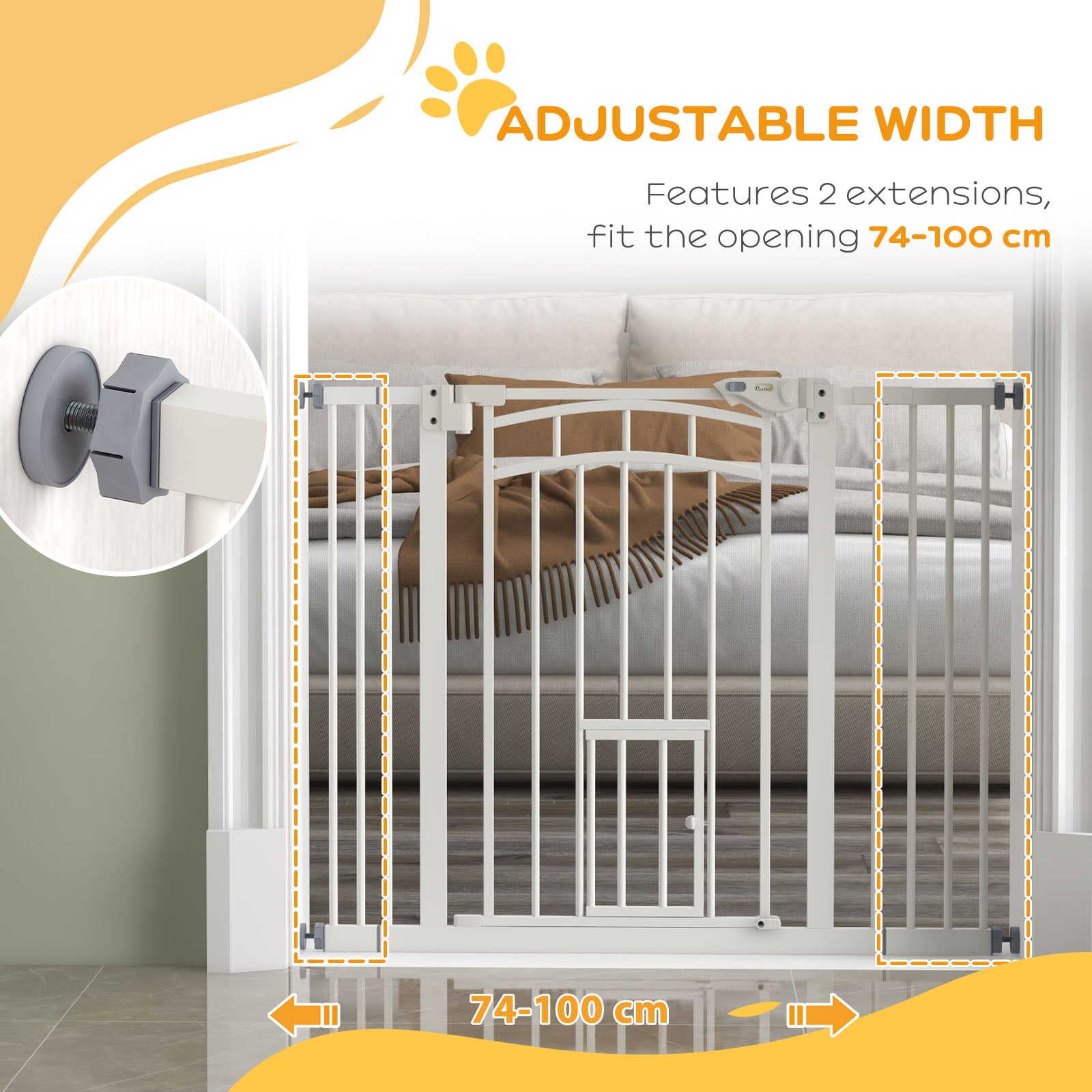 PawHut Pressure Fit Stair Dog Gate w/ Small Cat Door, Automatic Closing Door, Double Locking, for 74-100cm Openings - White - North Peak Garden Furniture