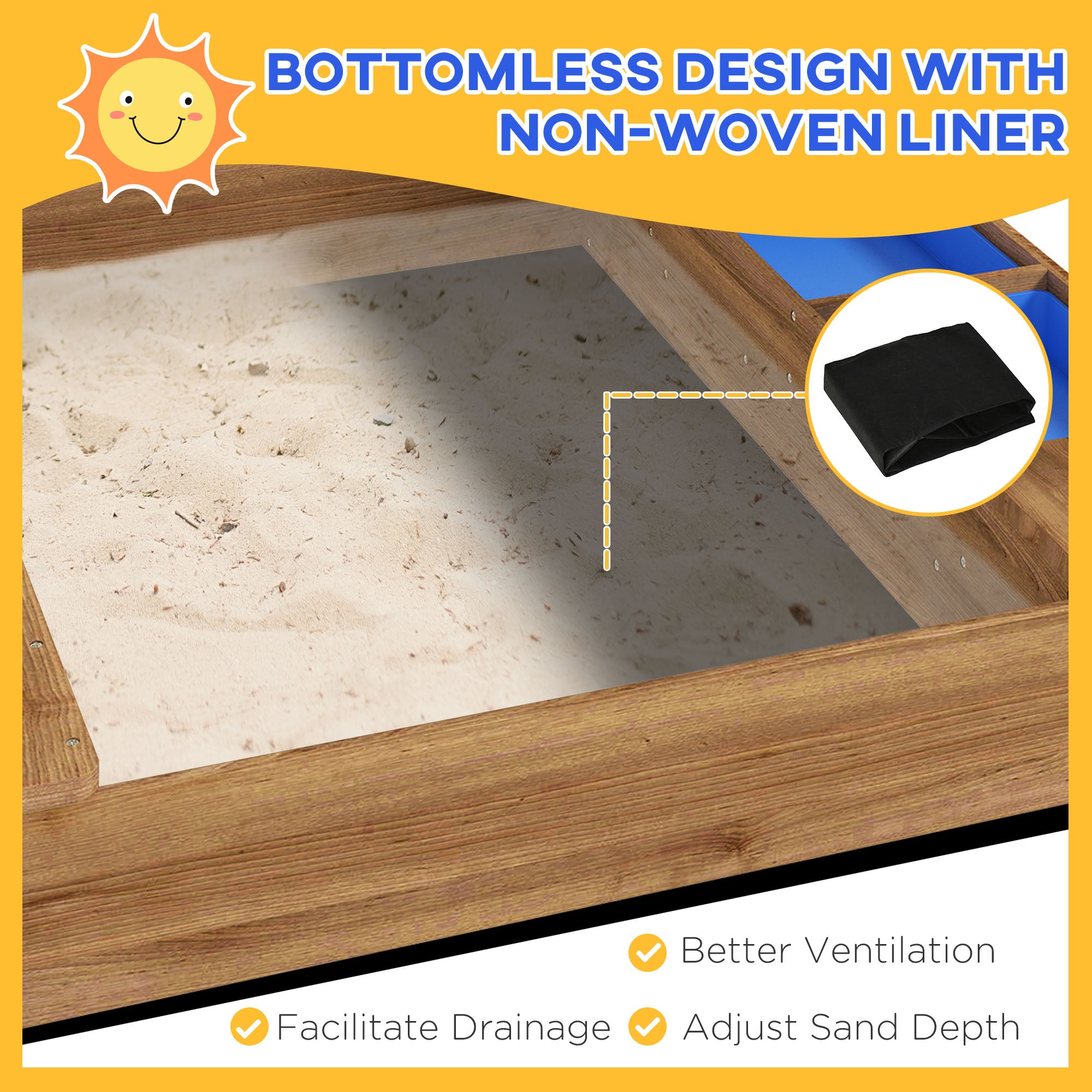 Outsunny House-Designed Wooden Sandbox, Outdoor Sandpit, with Blackboard, Toys, Sink, Seats, Flags, for Ages 3-7 Years - Brown - North Peak Garden Furniture