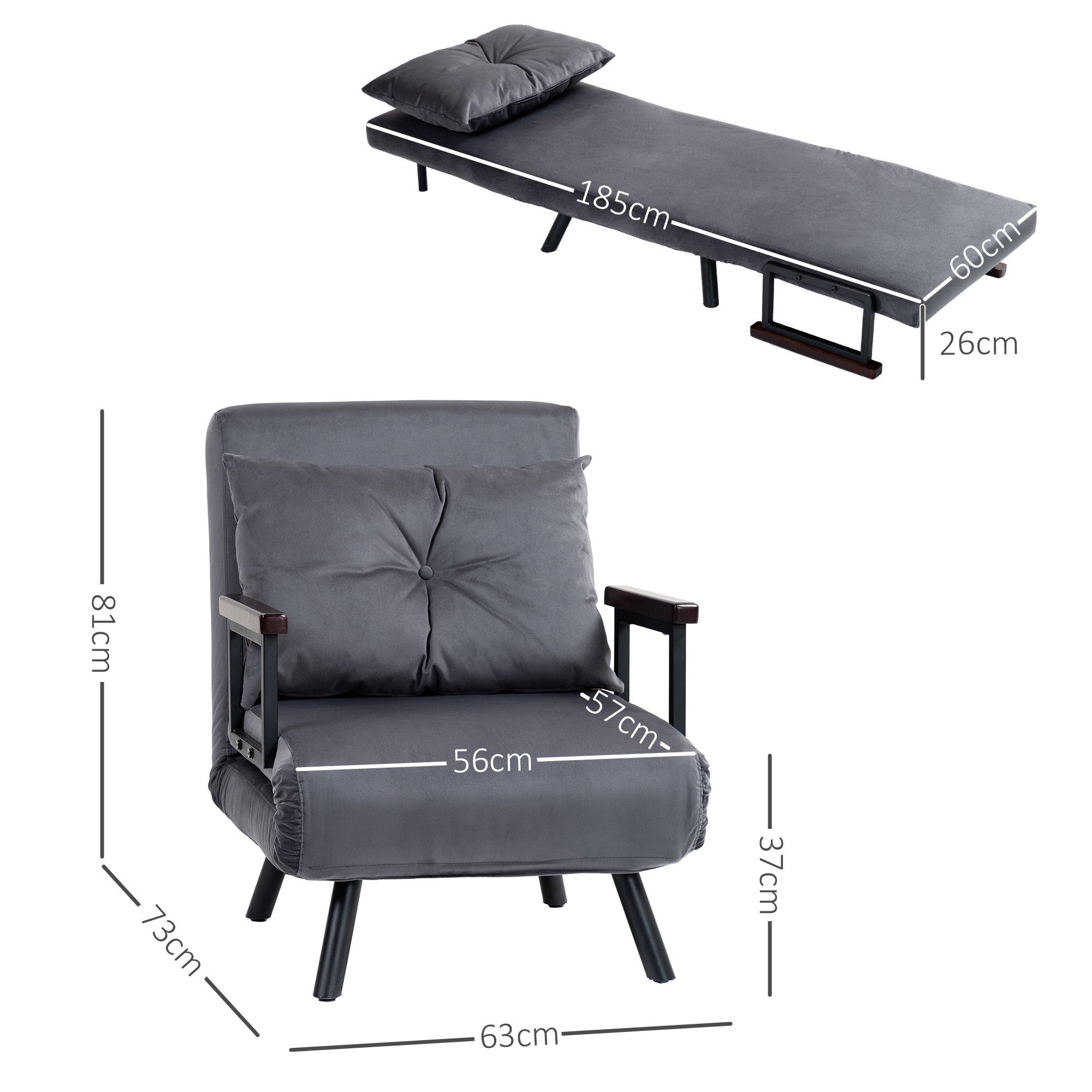 HOMCOM 4-in-1 Velvet-Feel Single Chair Bed, with Pillow - Charcoal Grey - North Peak Garden Furniture