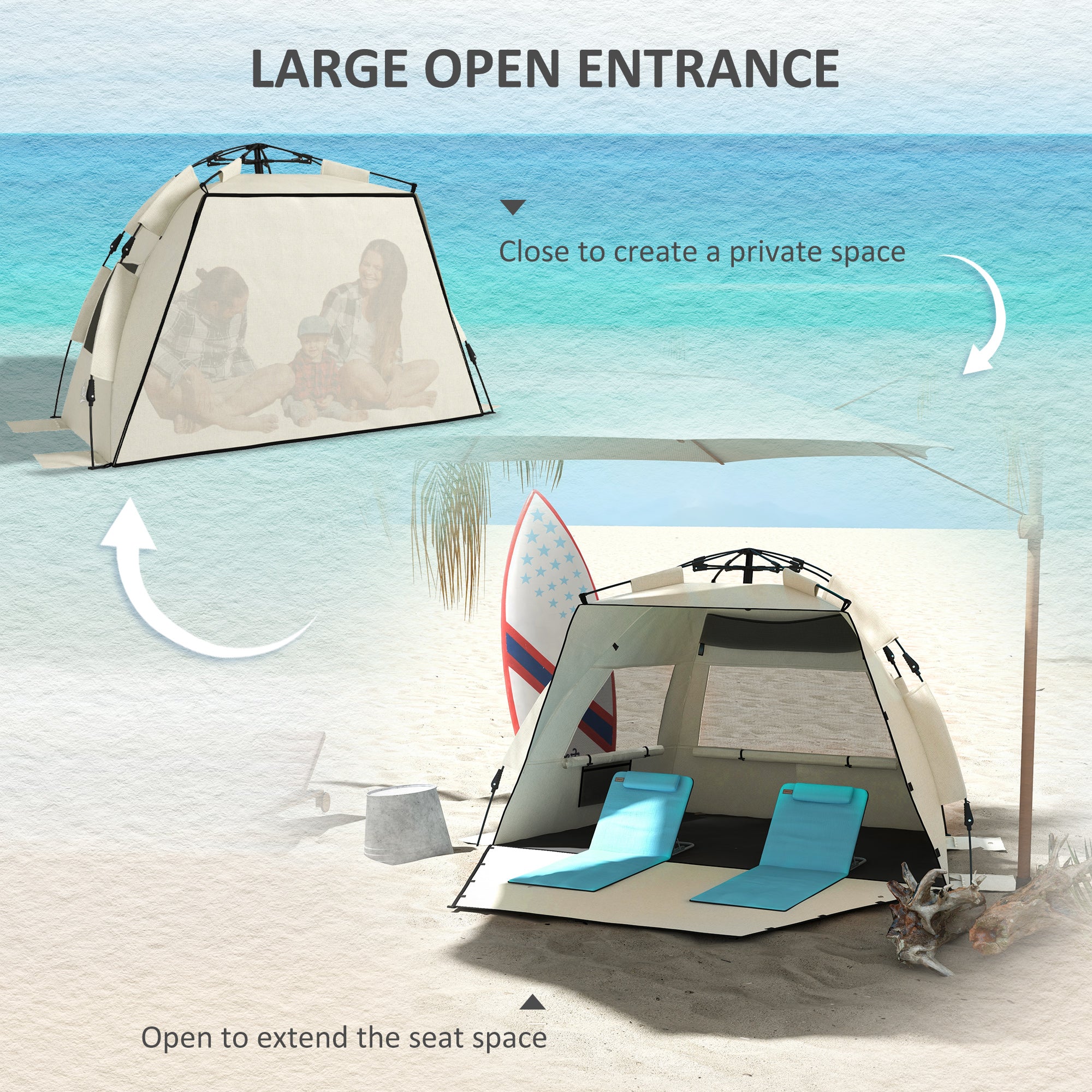 Outsunny Three-Man UPF15+ Beach Tent, with Extended Floor - Green - North Peak Garden Furniture