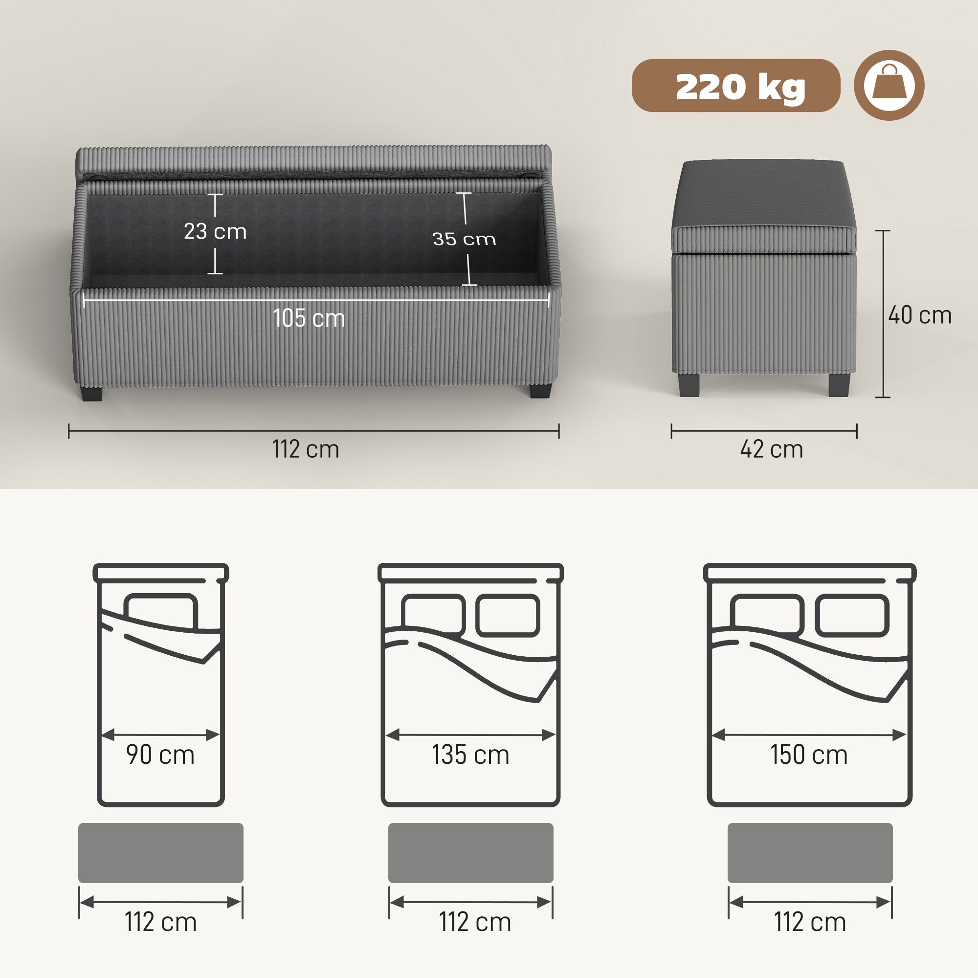 HOMCOM Storage Ottoman Bench, Corduroy Footstool with Removable Lid and Legs, 112cm Storage Chest Box for Living Room, Bedroom, Hallway, Grey