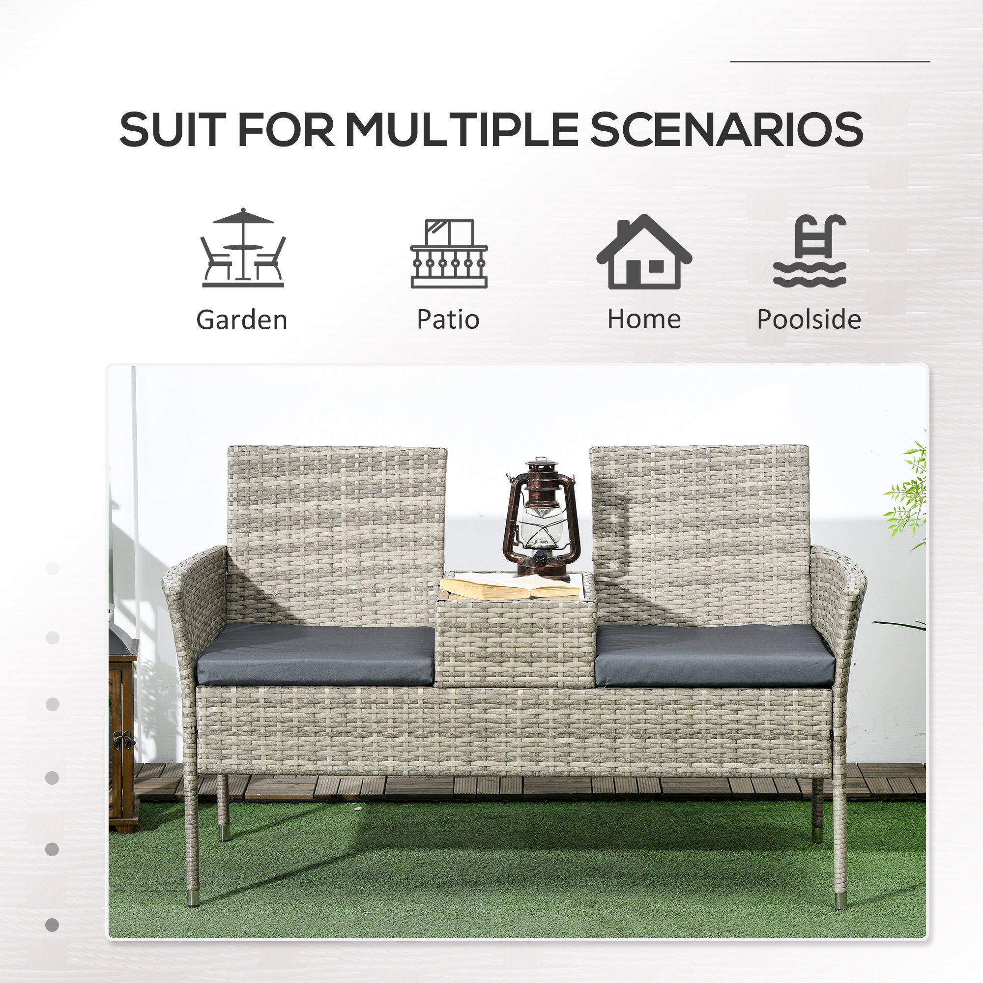 Outsunny Two-Seat Rattan Chair, with Middle Table - Light Grey - North Peak Garden Furniture