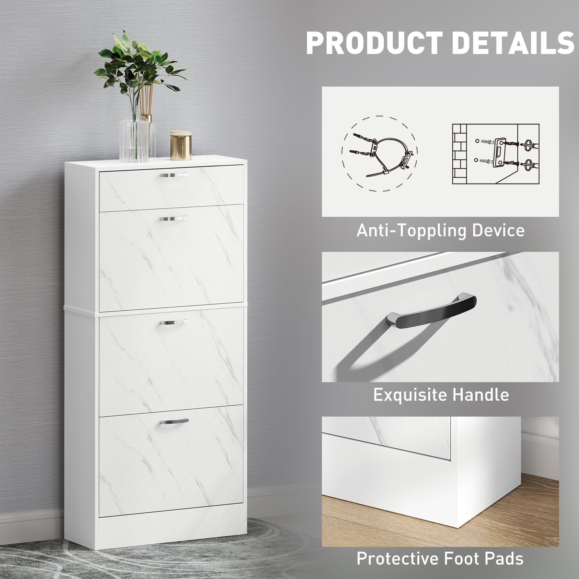 HOMCOM Marble Shoe Storage Cabinet with 3 Flip Drawers, Hallway Cabinet with Top Drawer and Adjustable Shelves, Shoe Cupboard for 18 Pairs, White - North Peak Garden Furniture