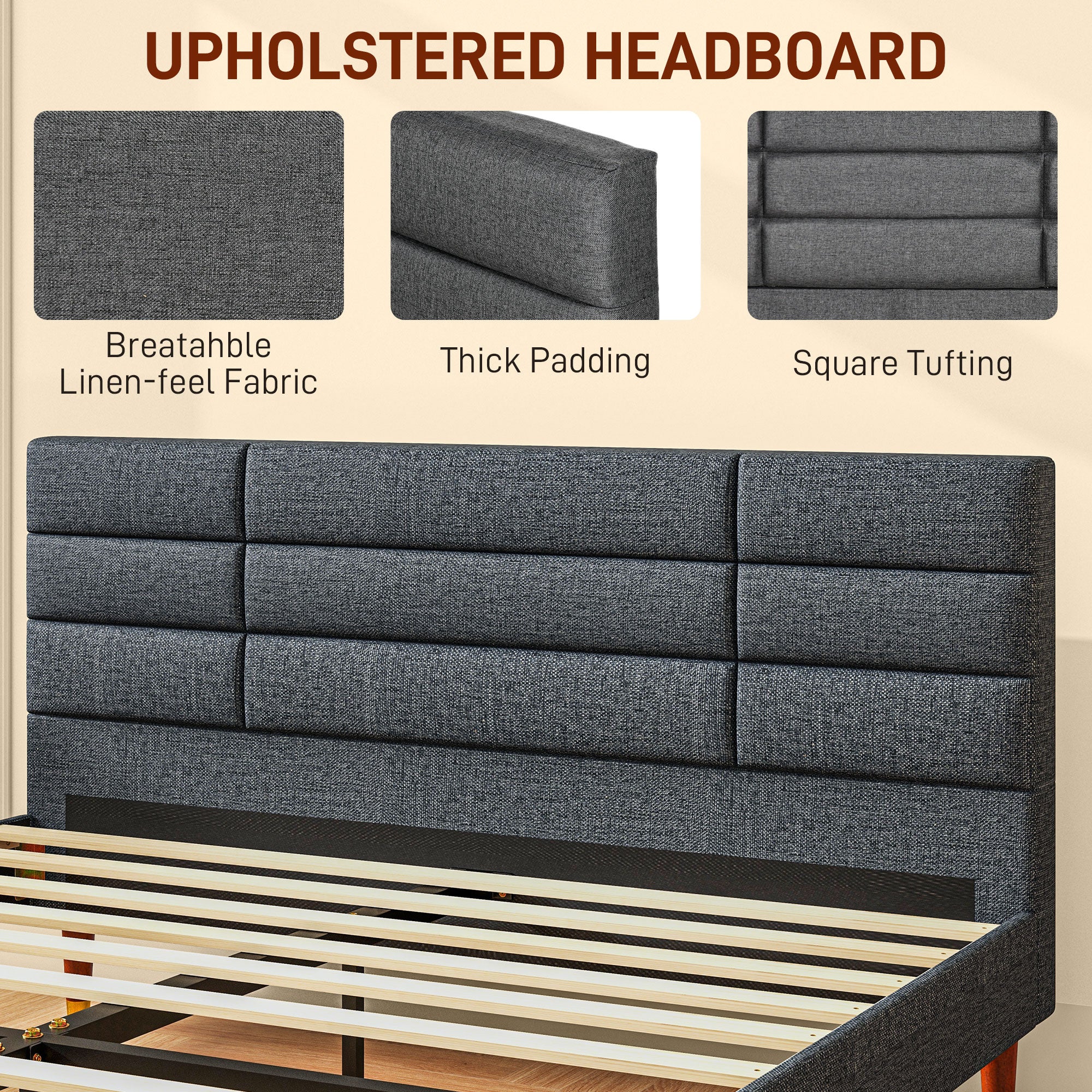 HOMCOM Upholstered King Bed Frame, with Slats - Grey - North Peak Garden Furniture