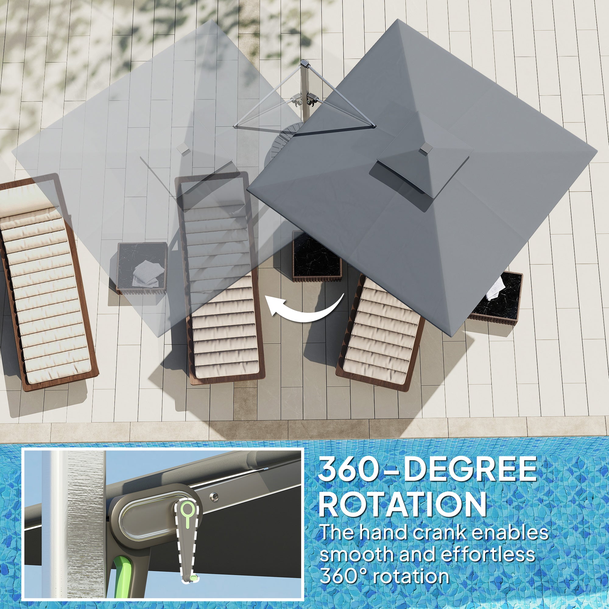 Outsunny 3(m) Garden Cantilever Parasol with Solar LED Lights, Cross Base, 360° Rotation, Crank Handle and Tilt, Grey - North Peak Garden Furniture