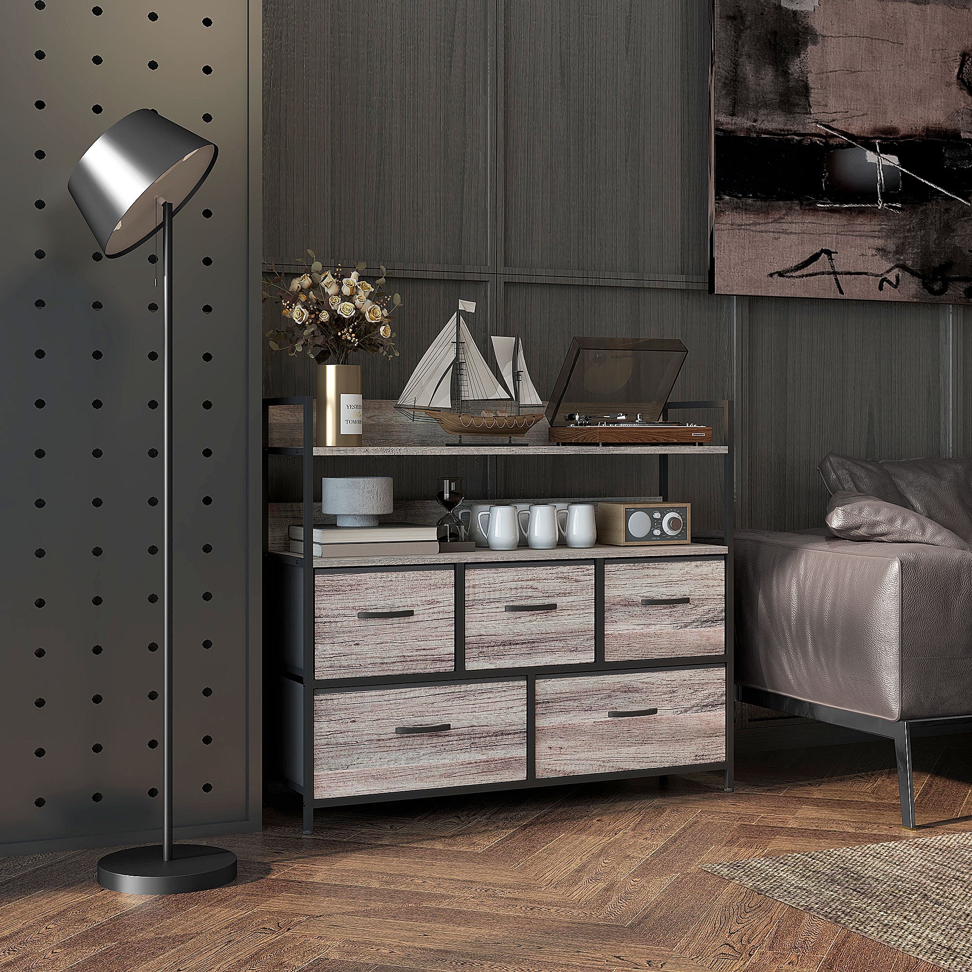 HOMCOM Rustic Chest of Five Fabric Drawers - Grey Wood Effect - North Peak Garden Furniture